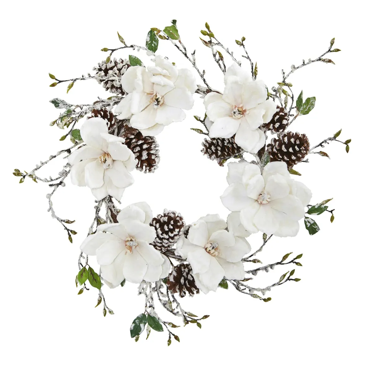 HomPlanti 24" Snowed Magnolia / Pine Cone Wreath