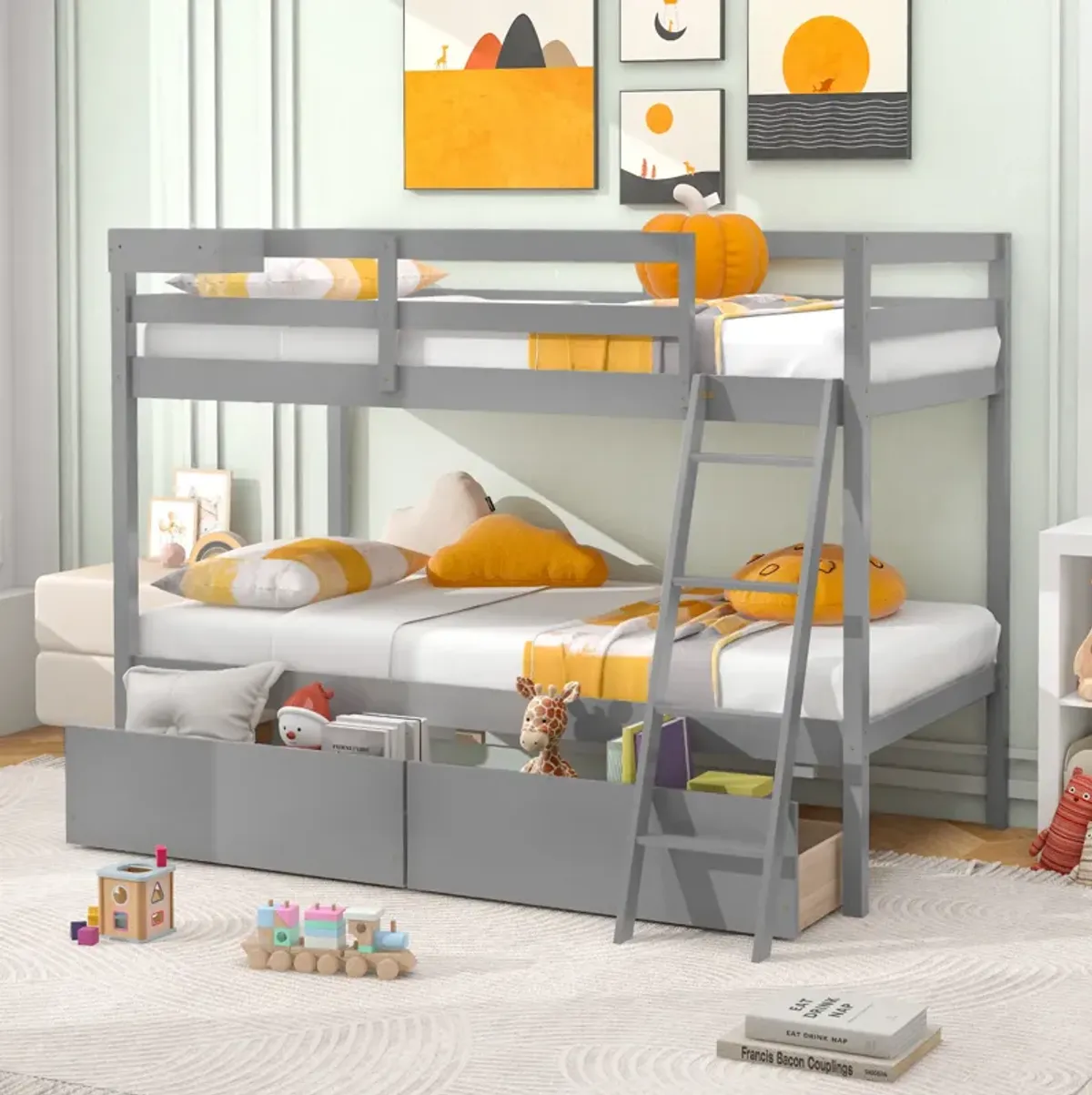 Twin Over Twin Bunk Bed Wood Bed Frame with 2 Storage Drawers and Ladder