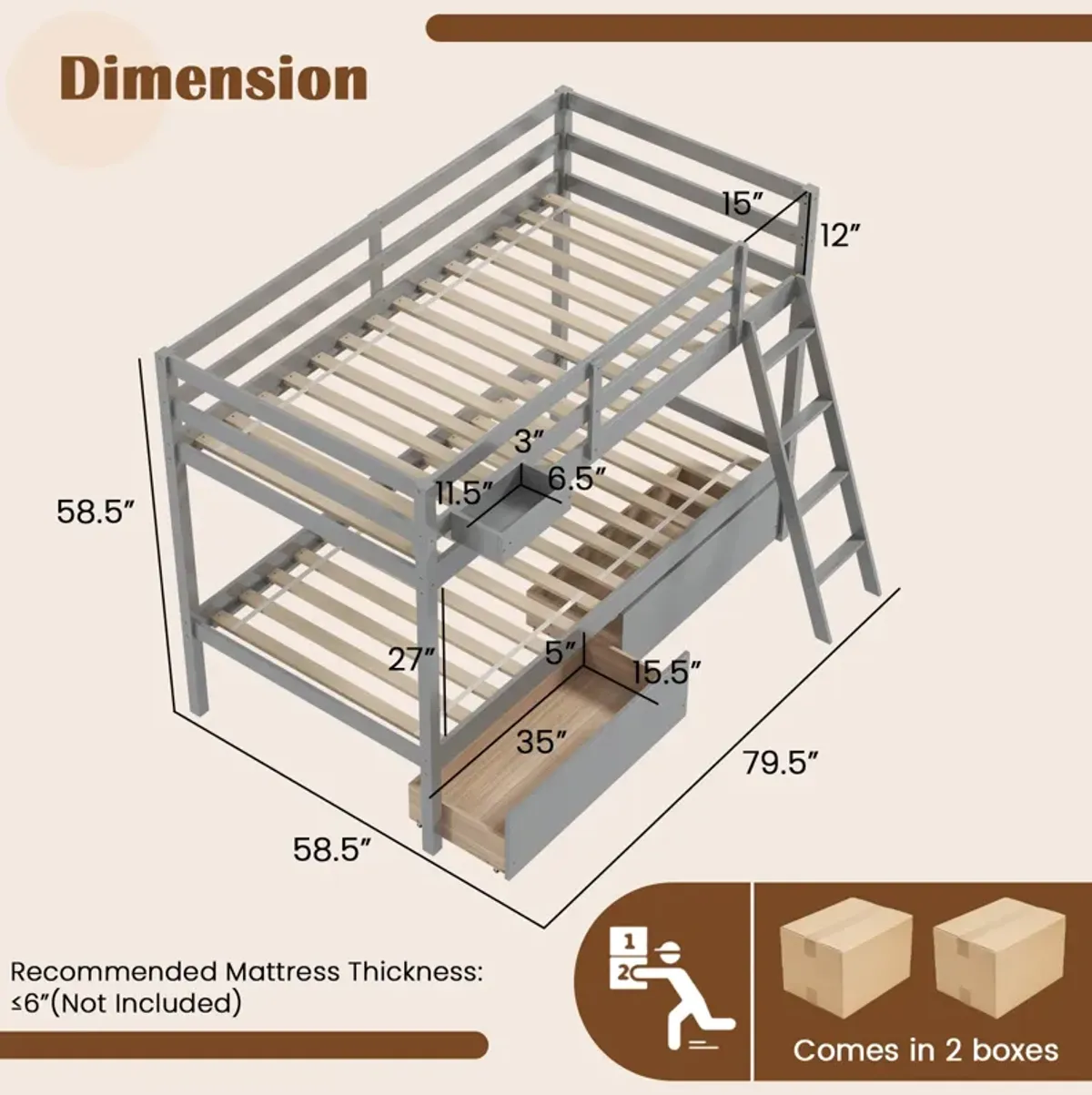 Twin Over Twin Bunk Bed Wood Bed Frame with 2 Storage Drawers and Ladder