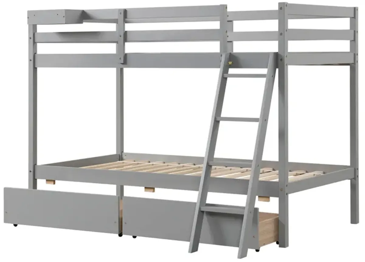 Twin Over Twin Bunk Bed Wood Bed Frame with 2 Storage Drawers and Ladder