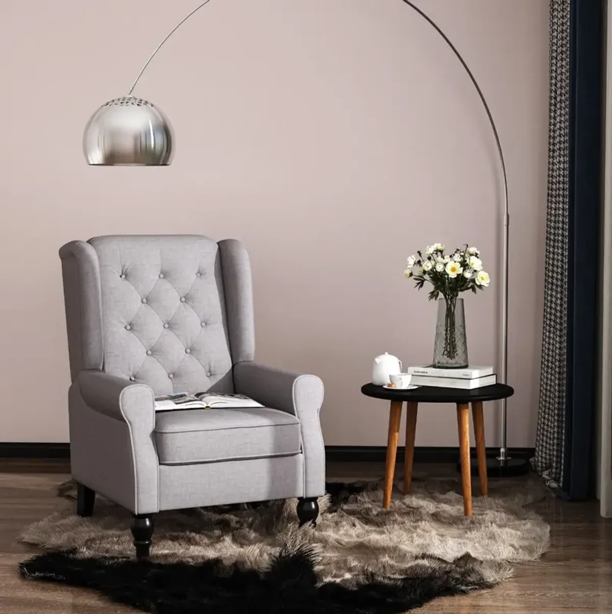 Gray Club Sophistication: Fabric Tufted Accent Chair with Wooden Legs