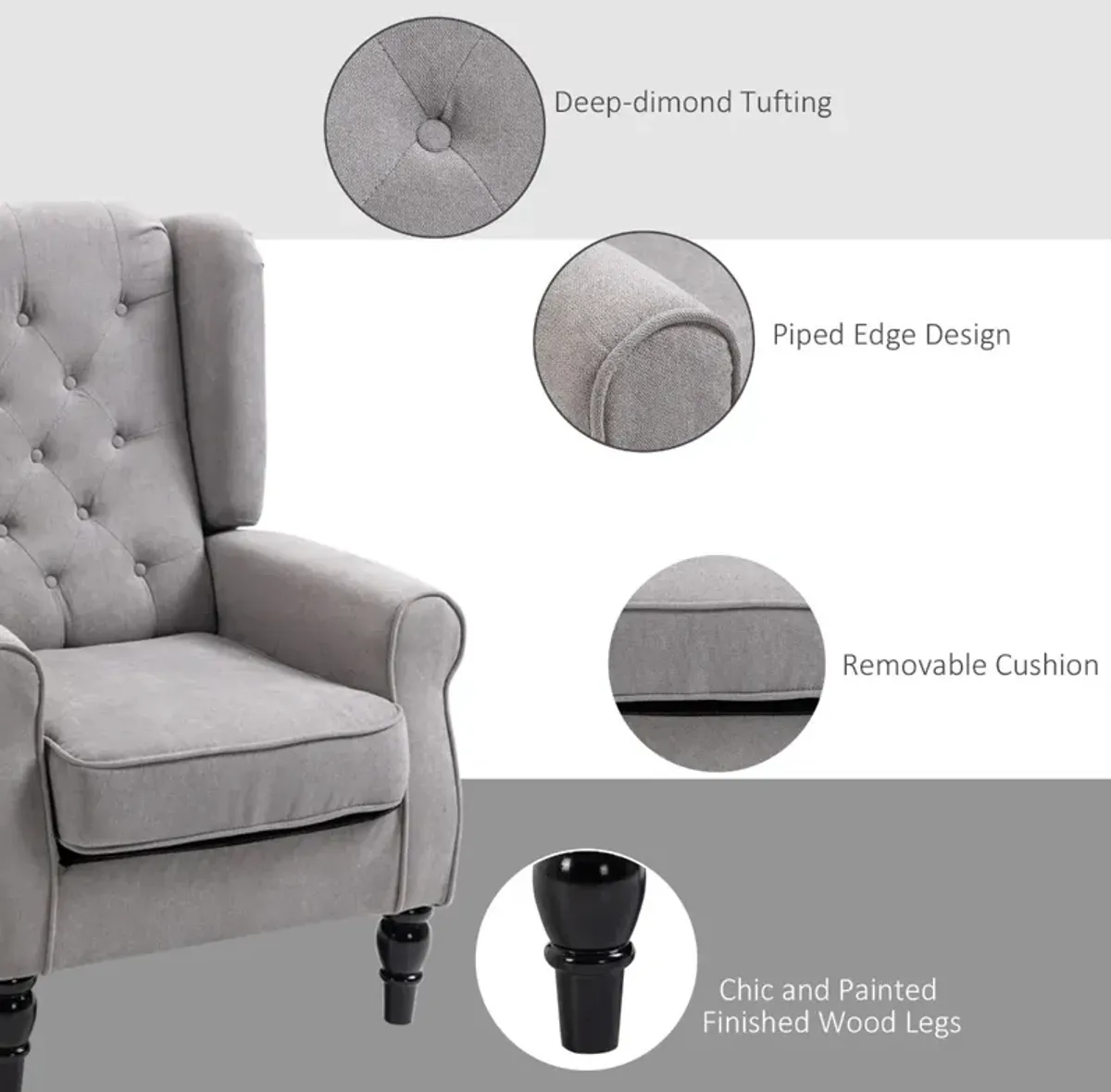 Gray Club Sophistication: Fabric Tufted Accent Chair with Wooden Legs