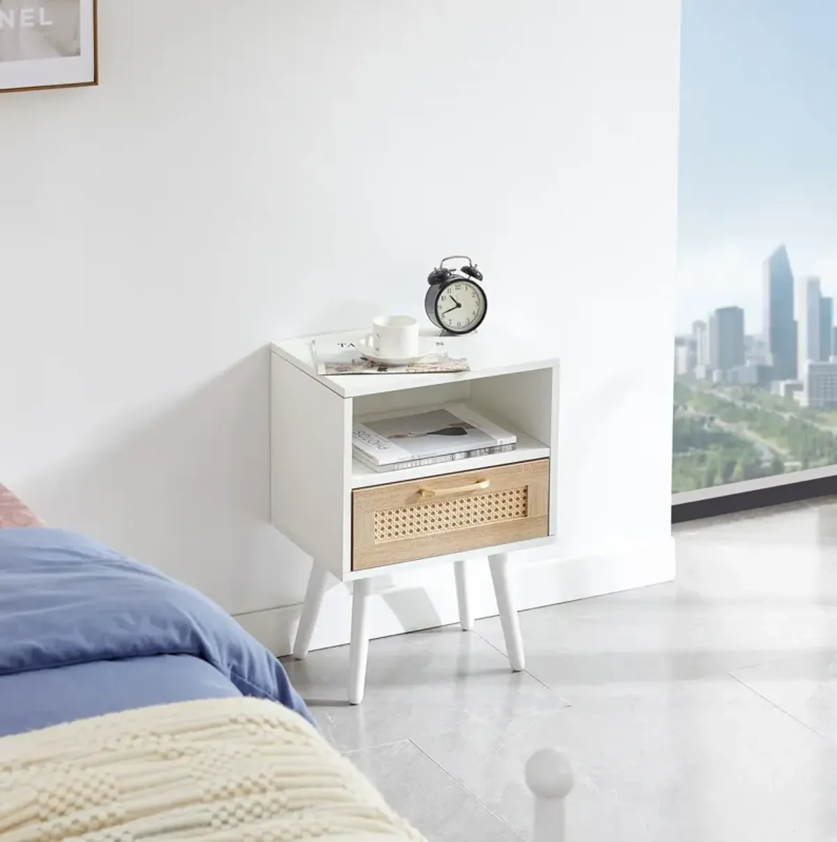 Rattan End table with drawer and solid wood legs, Modern nightstand, side table for living roon, bedroom, white