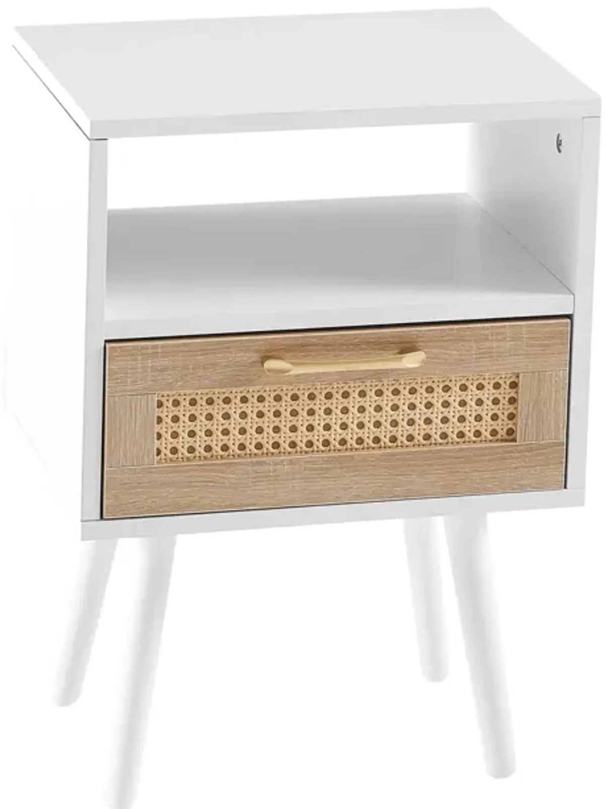 Rattan End table with drawer and solid wood legs, Modern nightstand, side table for living roon, bedroom, white