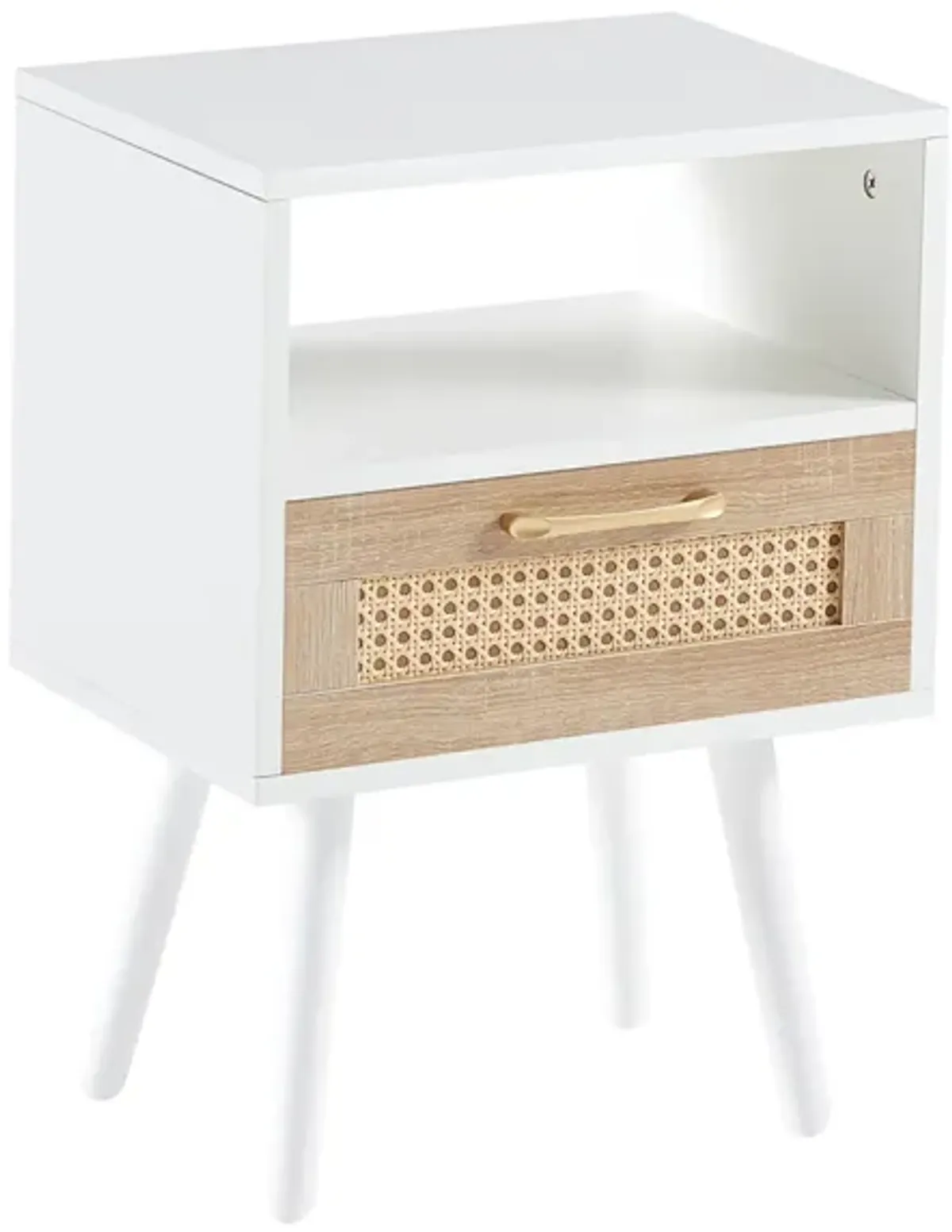 Rattan End table with drawer and solid wood legs, Modern nightstand, side table for living roon, bedroom, white