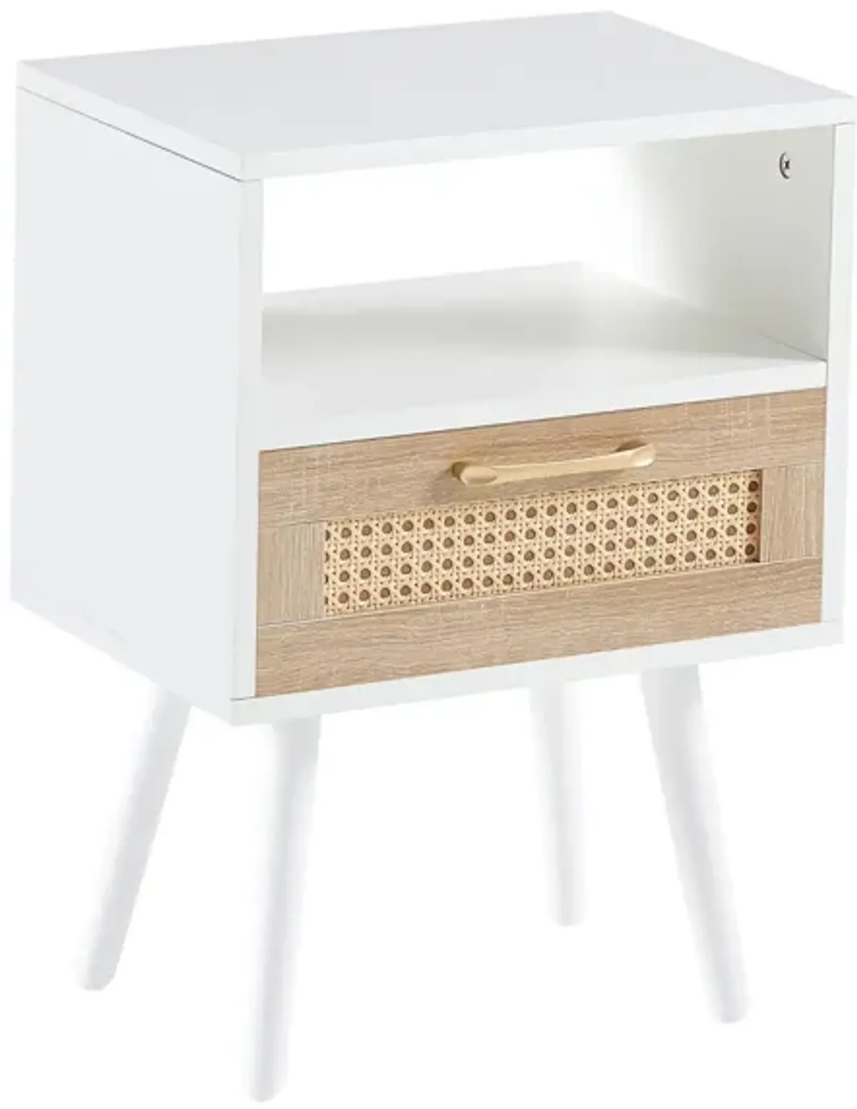 Rattan End table with drawer and solid wood legs, Modern nightstand, side table for living roon, bedroom, white