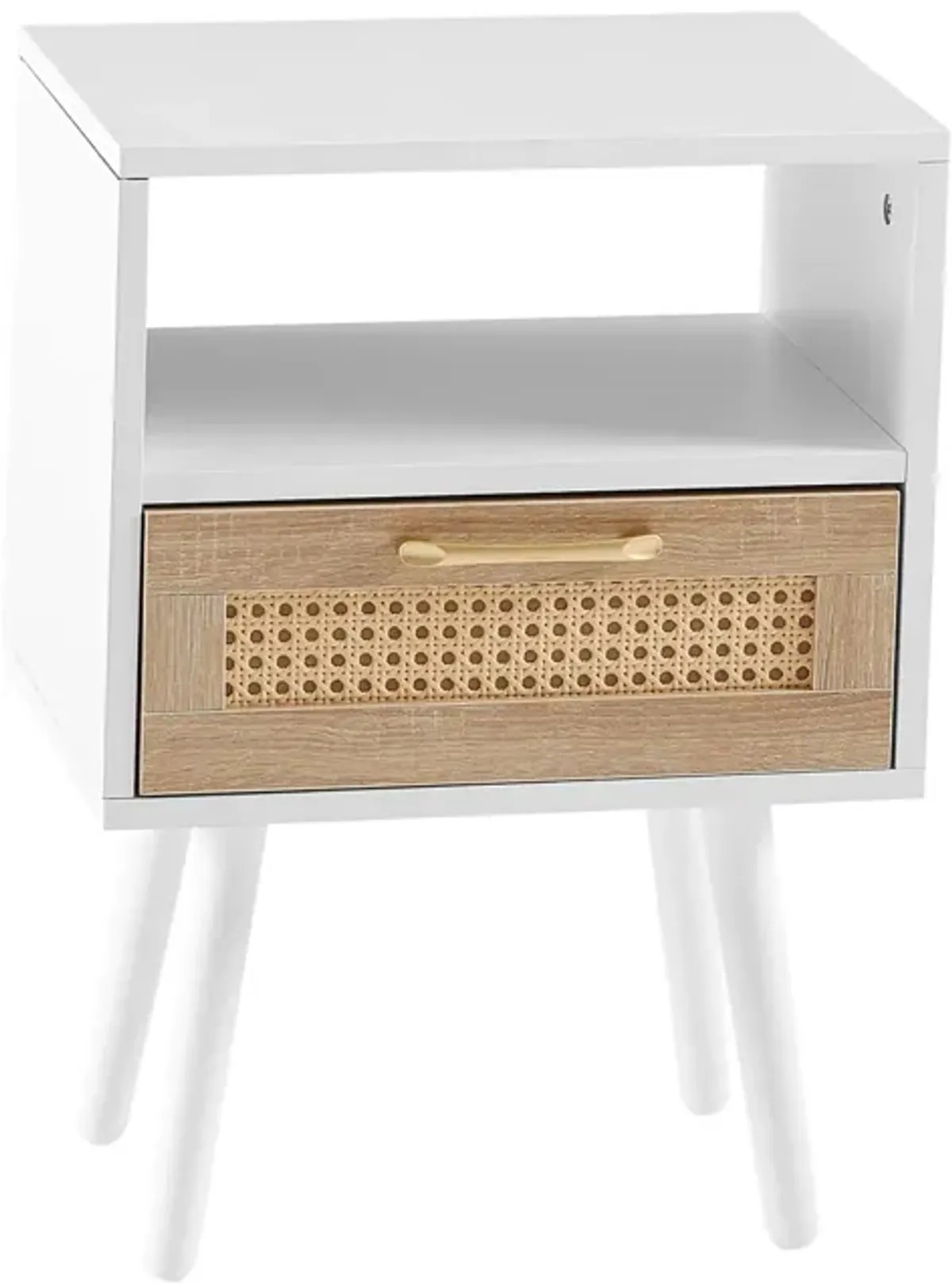 Rattan End table with drawer and solid wood legs, Modern nightstand, side table for living roon, bedroom, white