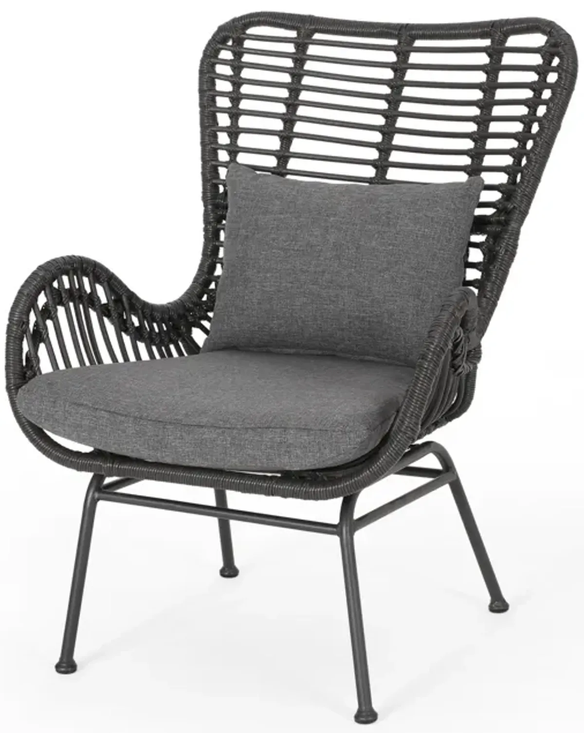 Slay Outdoor Accent Chair Set of 2, 25 Inch, Gray Woven Rattan, Iron Legs - Benzara