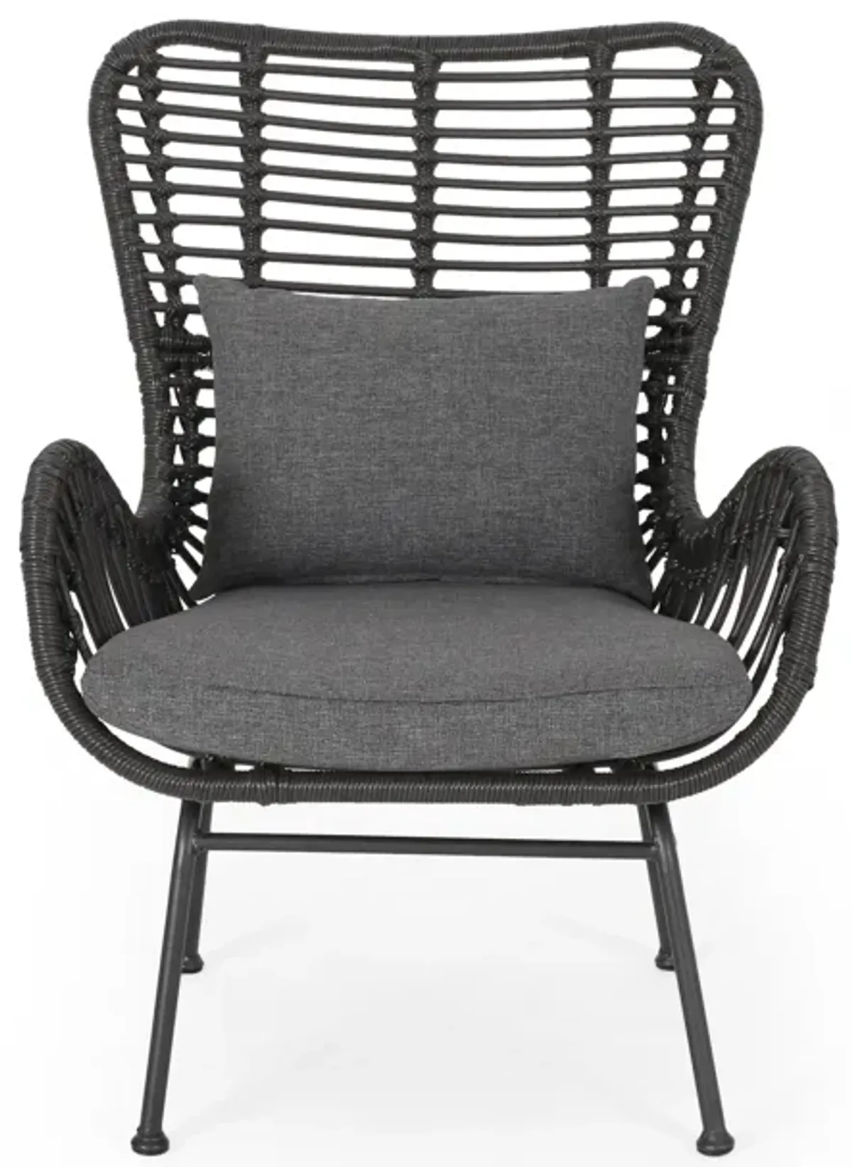 Slay Outdoor Accent Chair Set of 2, 25 Inch, Gray Woven Rattan, Iron Legs - Benzara