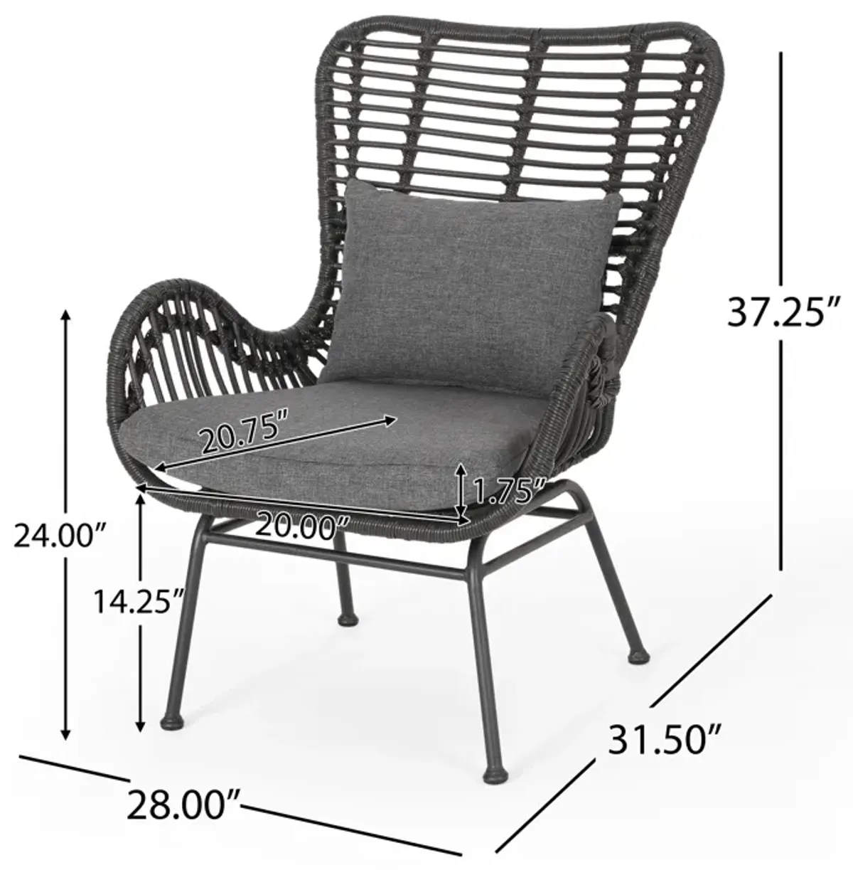 Slay Outdoor Accent Chair Set of 2, 25 Inch, Gray Woven Rattan, Iron Legs - Benzara