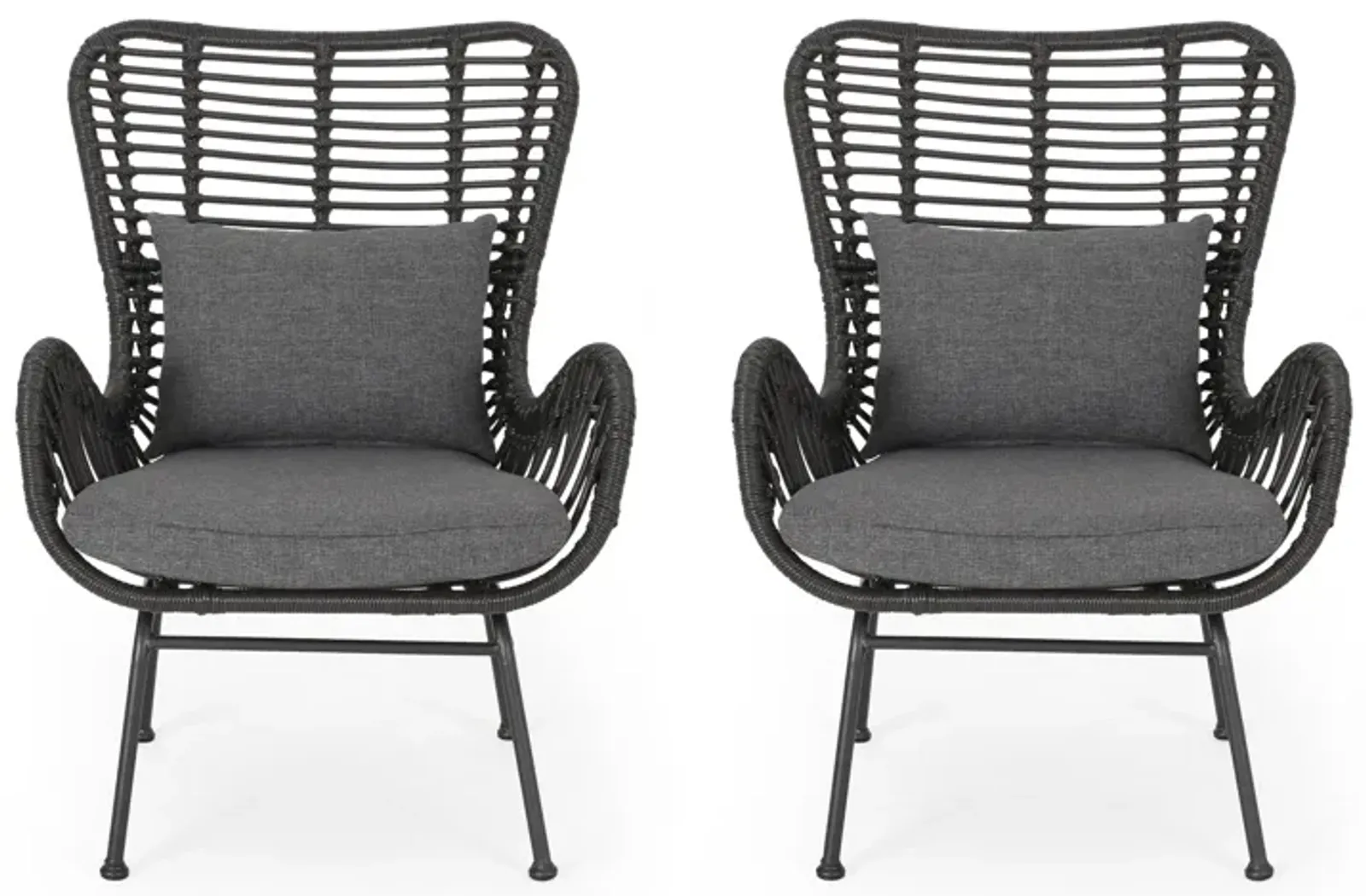 Slay Outdoor Accent Chair Set of 2, 25 Inch, Gray Woven Rattan, Iron Legs - Benzara