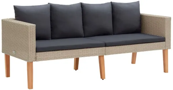 Outdoor Sofa, Beige Rattan, Gray Fabric Cushions, Brown Wood, 65 Inch - Benzara