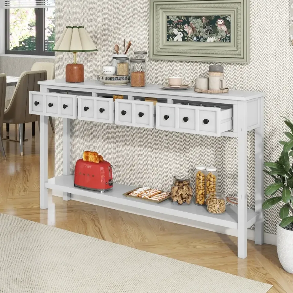 Antique White Console Table with Drawers and Shelf, 60" Long