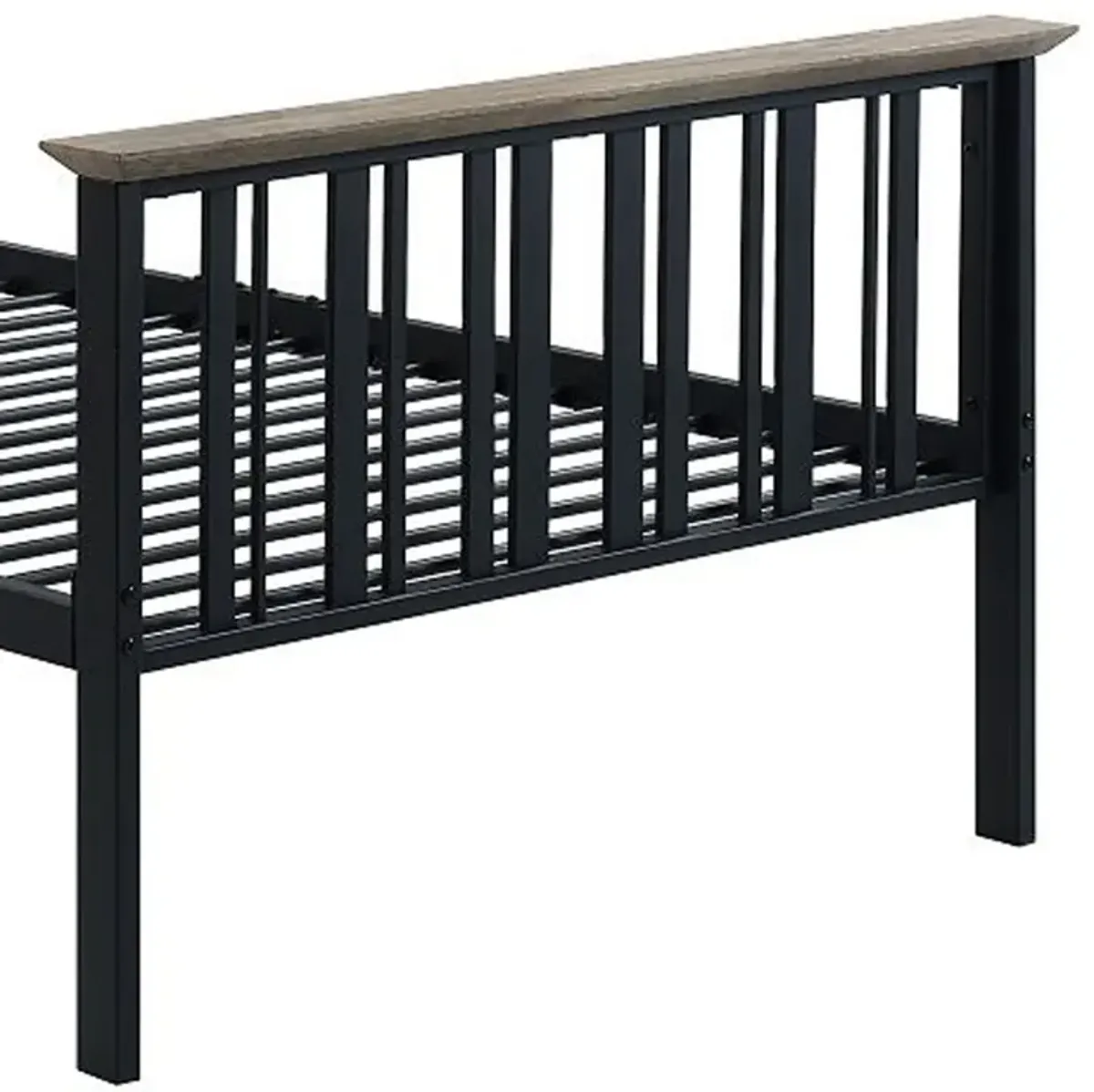 Nori Twin Bed with Slatted Metal Frame, MDF, Antique Oak Brown and Black - Benzara