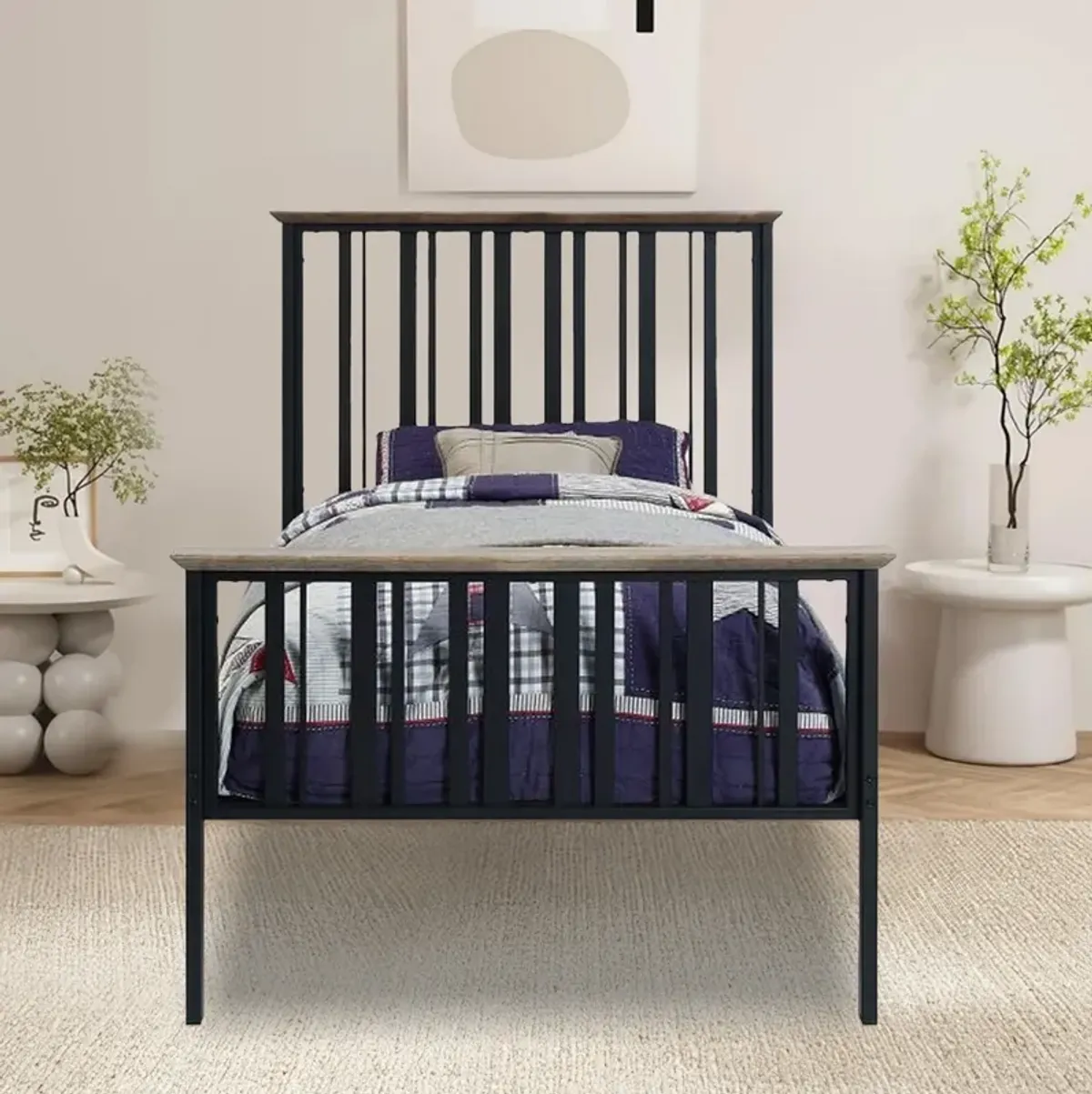 Nori Twin Bed with Slatted Metal Frame, MDF, Antique Oak Brown and Black - Benzara