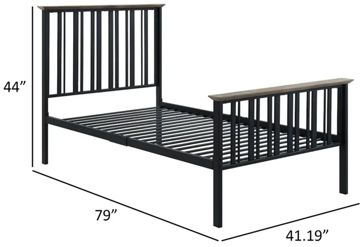 Nori Twin Bed with Slatted Metal Frame, MDF, Antique Oak Brown and Black - Benzara