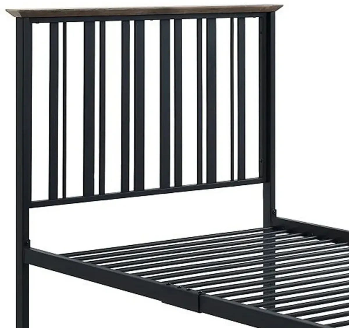 Nori Twin Bed with Slatted Metal Frame, MDF, Antique Oak Brown and Black - Benzara