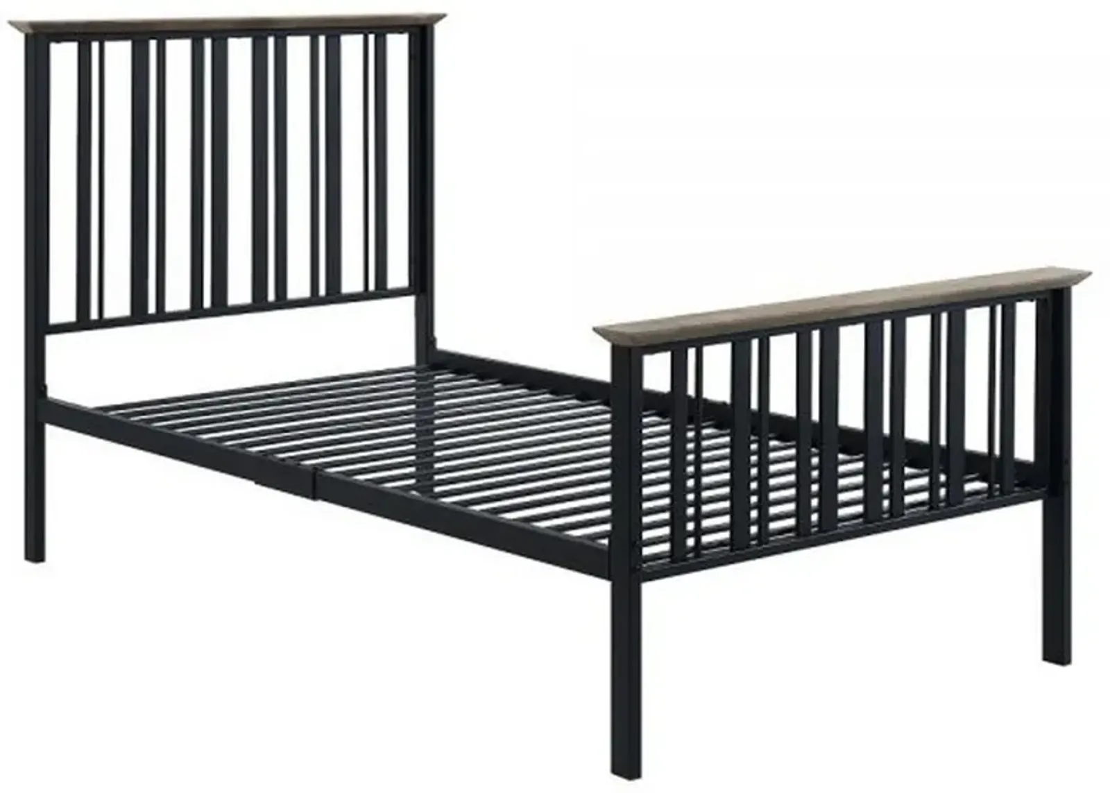 Nori Twin Bed with Slatted Metal Frame, MDF, Antique Oak Brown and Black - Benzara