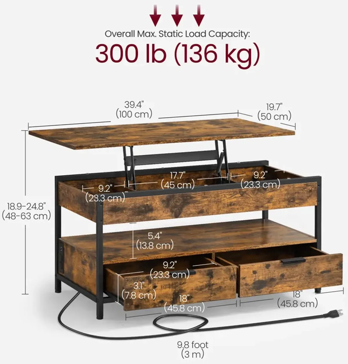 Lift Top Coffee Table with Storage Drawers and Charging Station