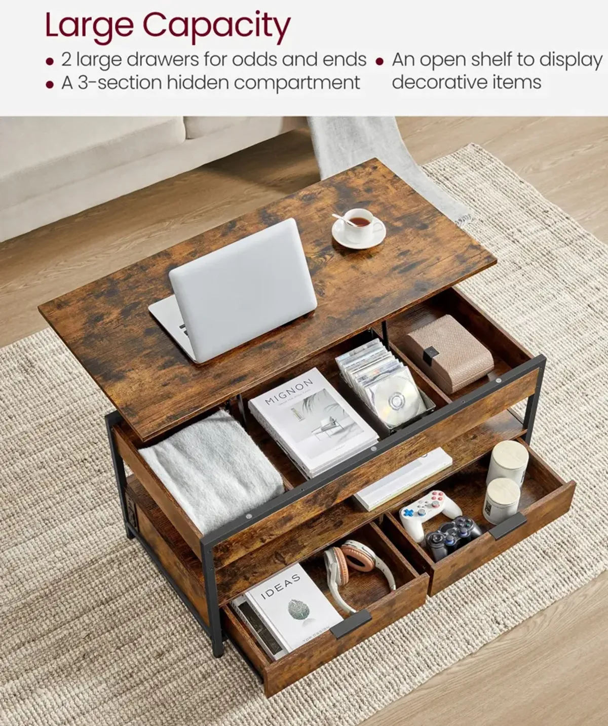 Lift Top Coffee Table with Storage Drawers and Charging Station