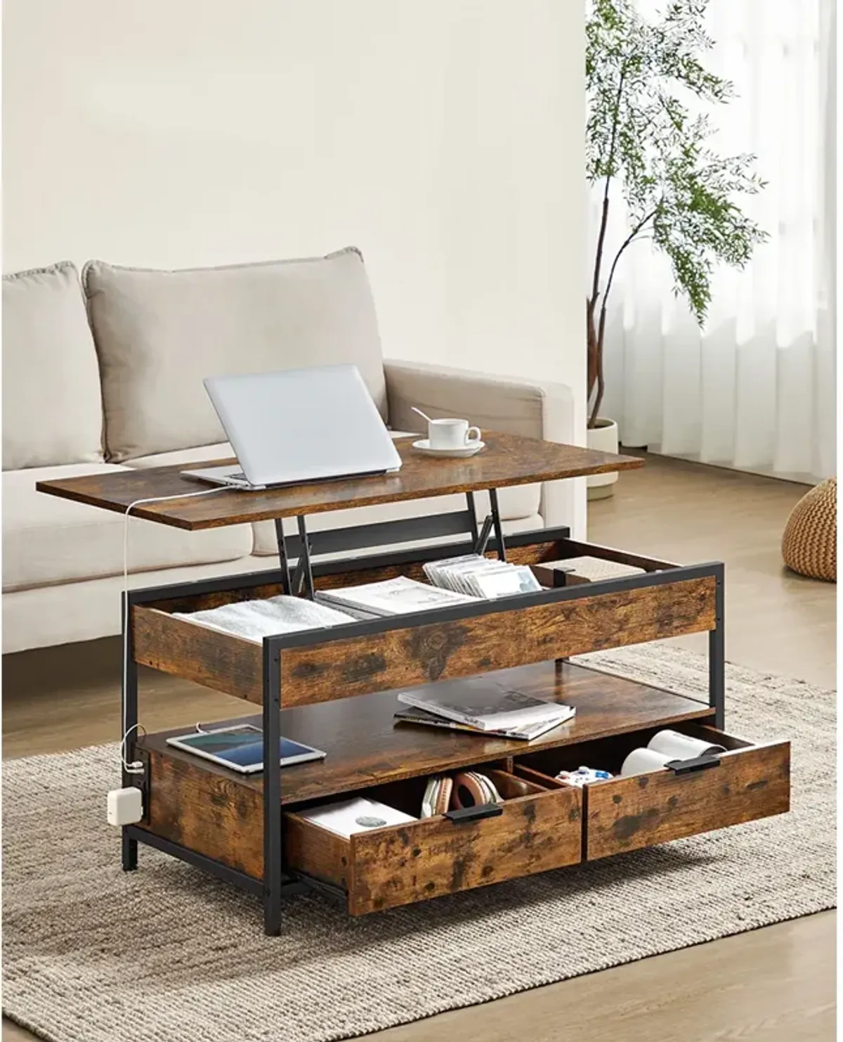 Lift Top Coffee Table with Storage Drawers and Charging Station