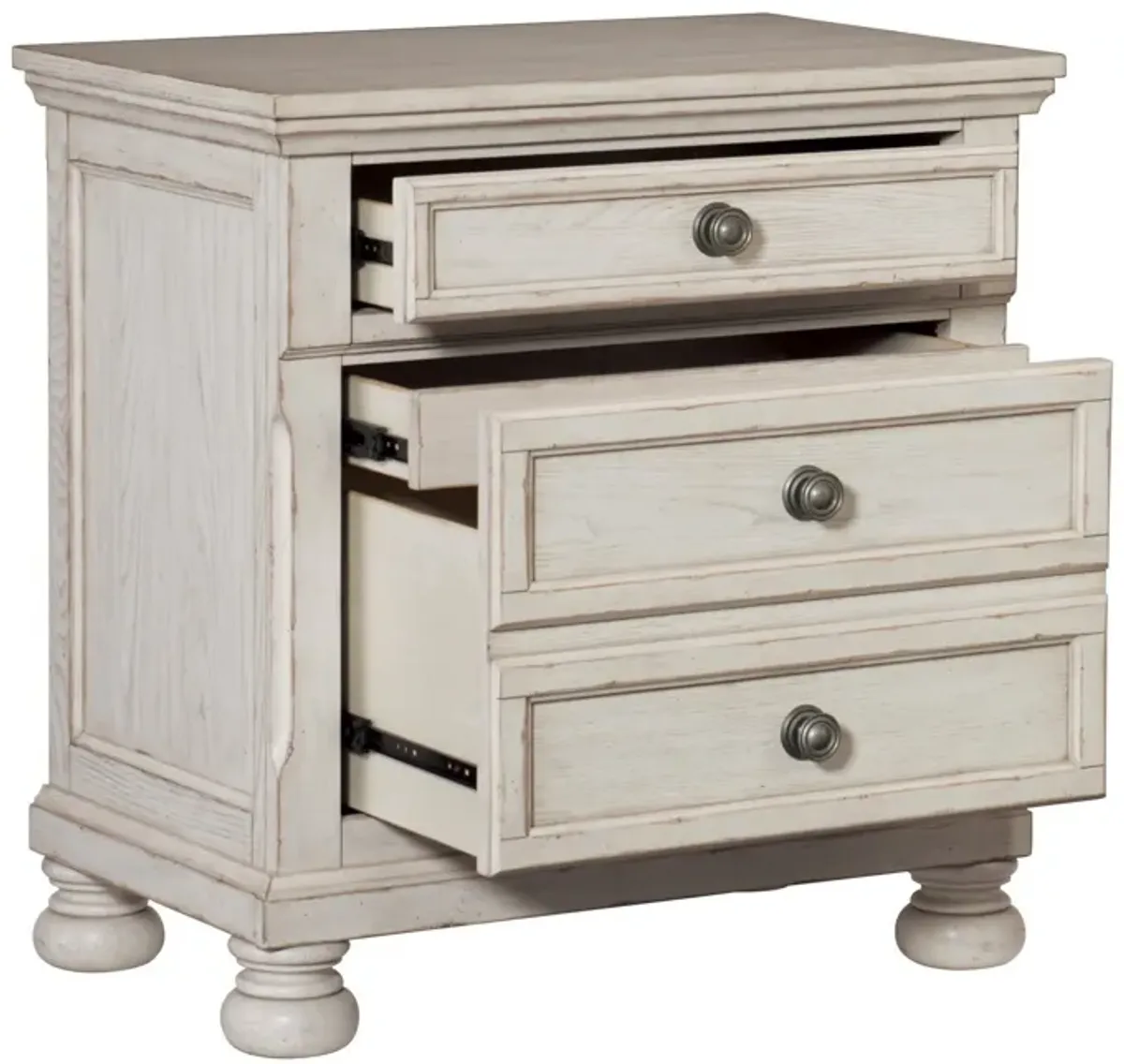 Cottage 2 Drawer Nightstand with Molded Details and Bun feet, Antique White-Benzara