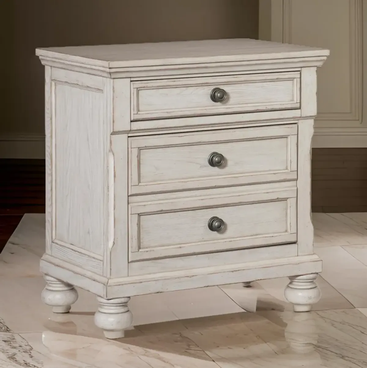 Cottage 2 Drawer Nightstand with Molded Details and Bun feet, Antique White-Benzara