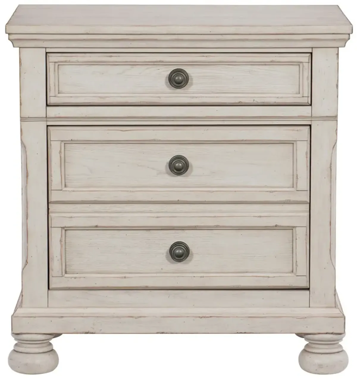 Cottage 2 Drawer Nightstand with Molded Details and Bun feet, Antique White-Benzara