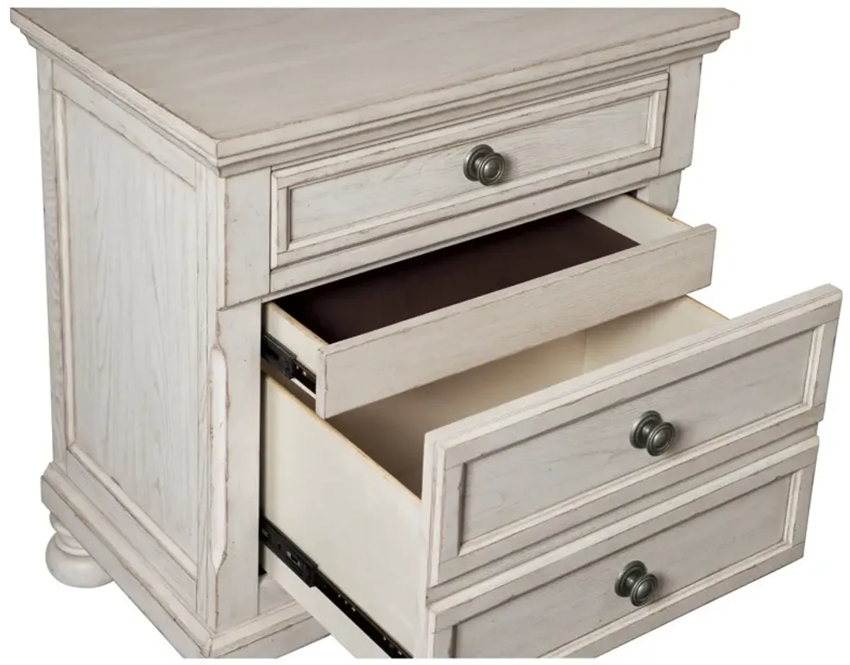 Cottage 2 Drawer Nightstand with Molded Details and Bun feet, Antique White-Benzara