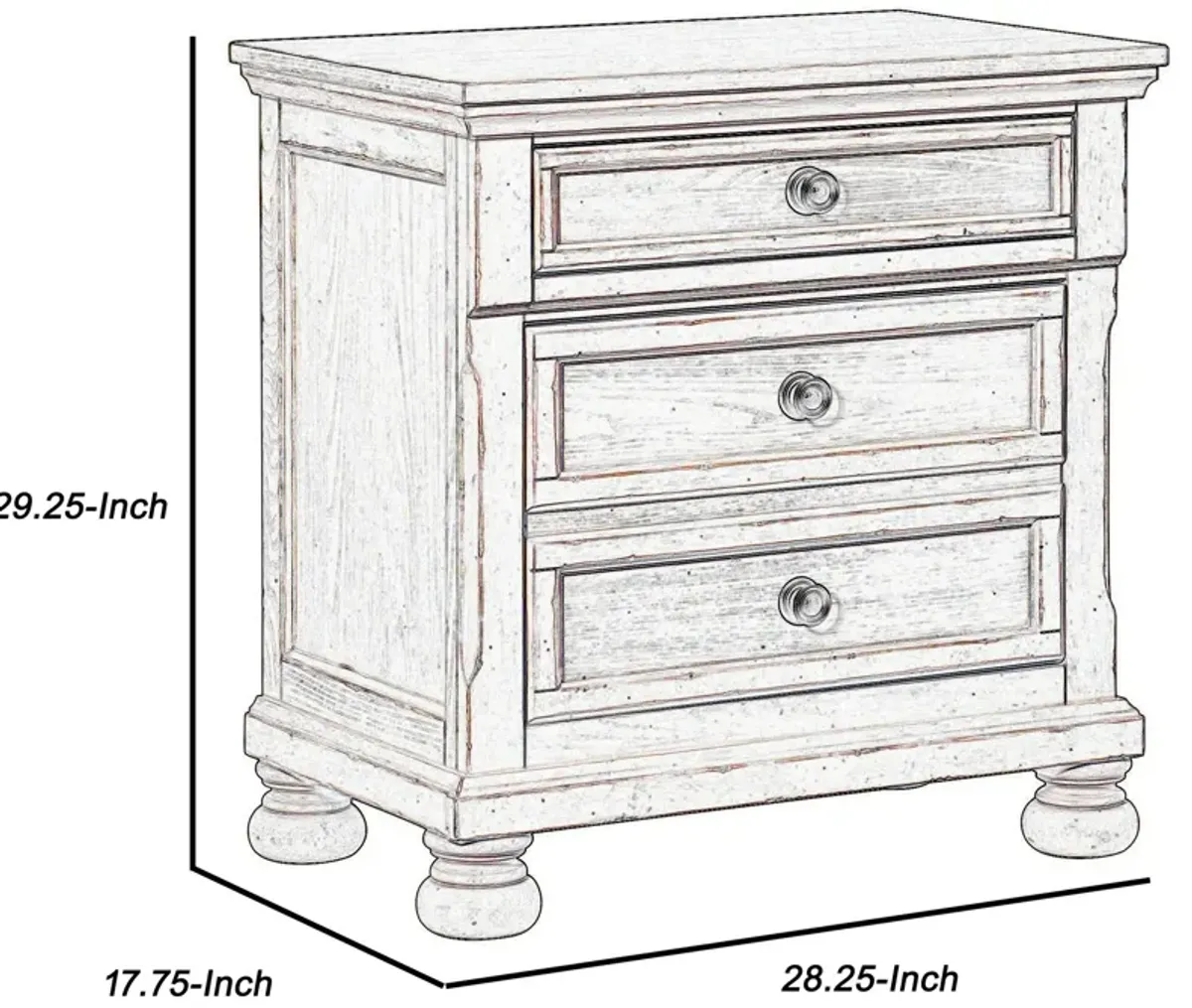 Cottage 2 Drawer Nightstand with Molded Details and Bun feet, Antique White-Benzara