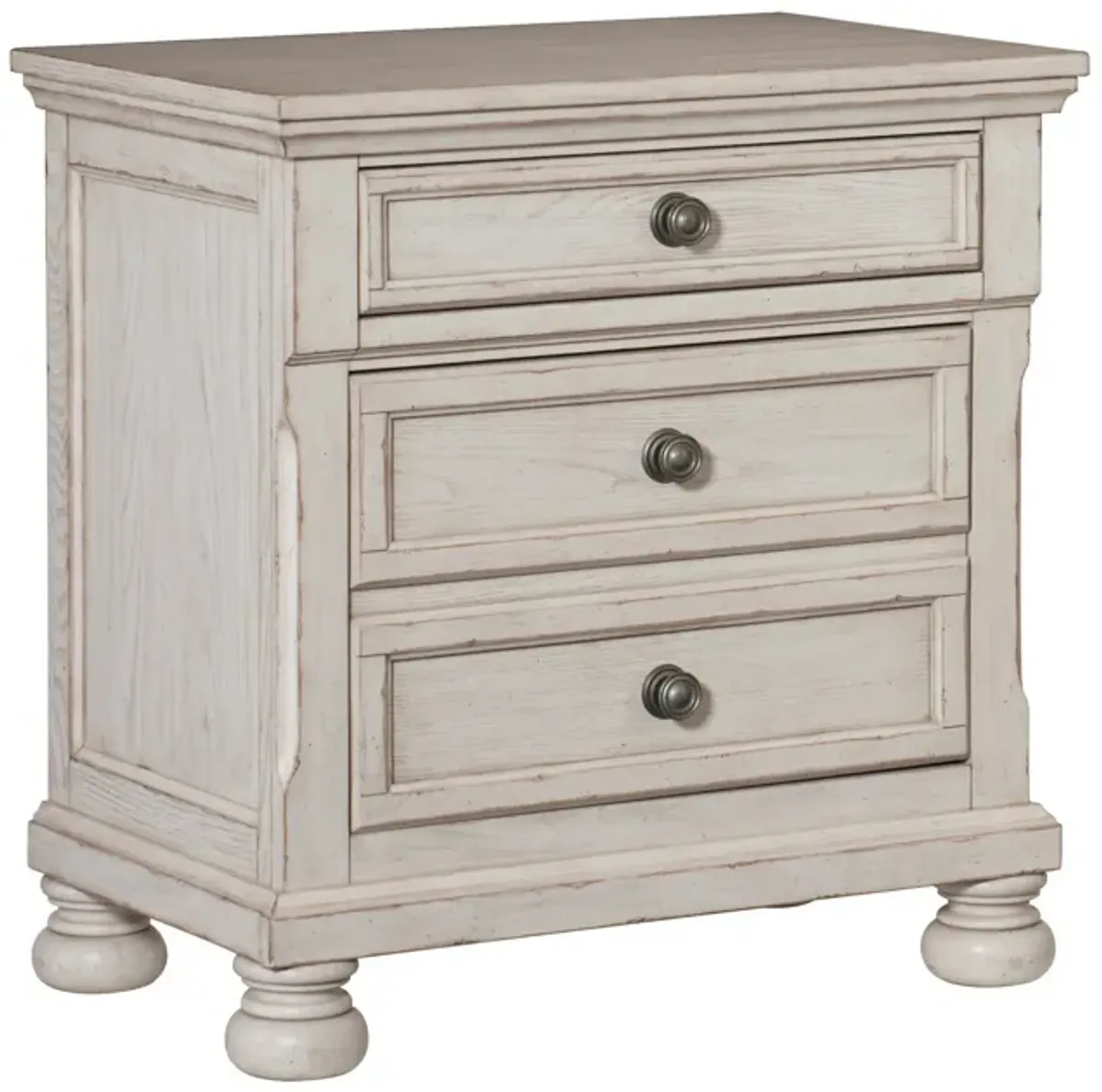 Cottage 2 Drawer Nightstand with Molded Details and Bun feet, Antique White-Benzara