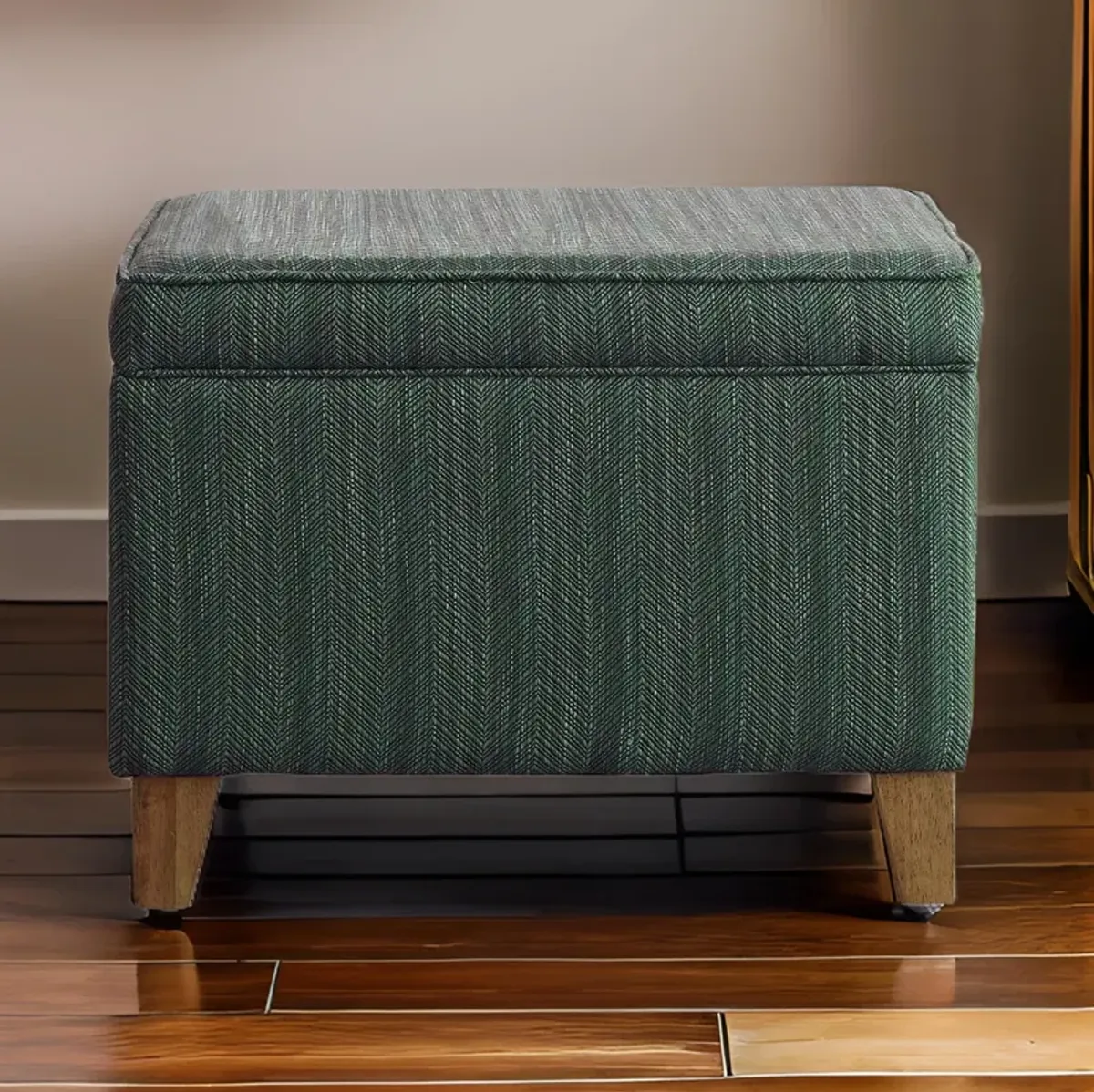 Rectangular Fabric Upholstered Wooden Ottoman with Lift Top Storage, Green - Benzara