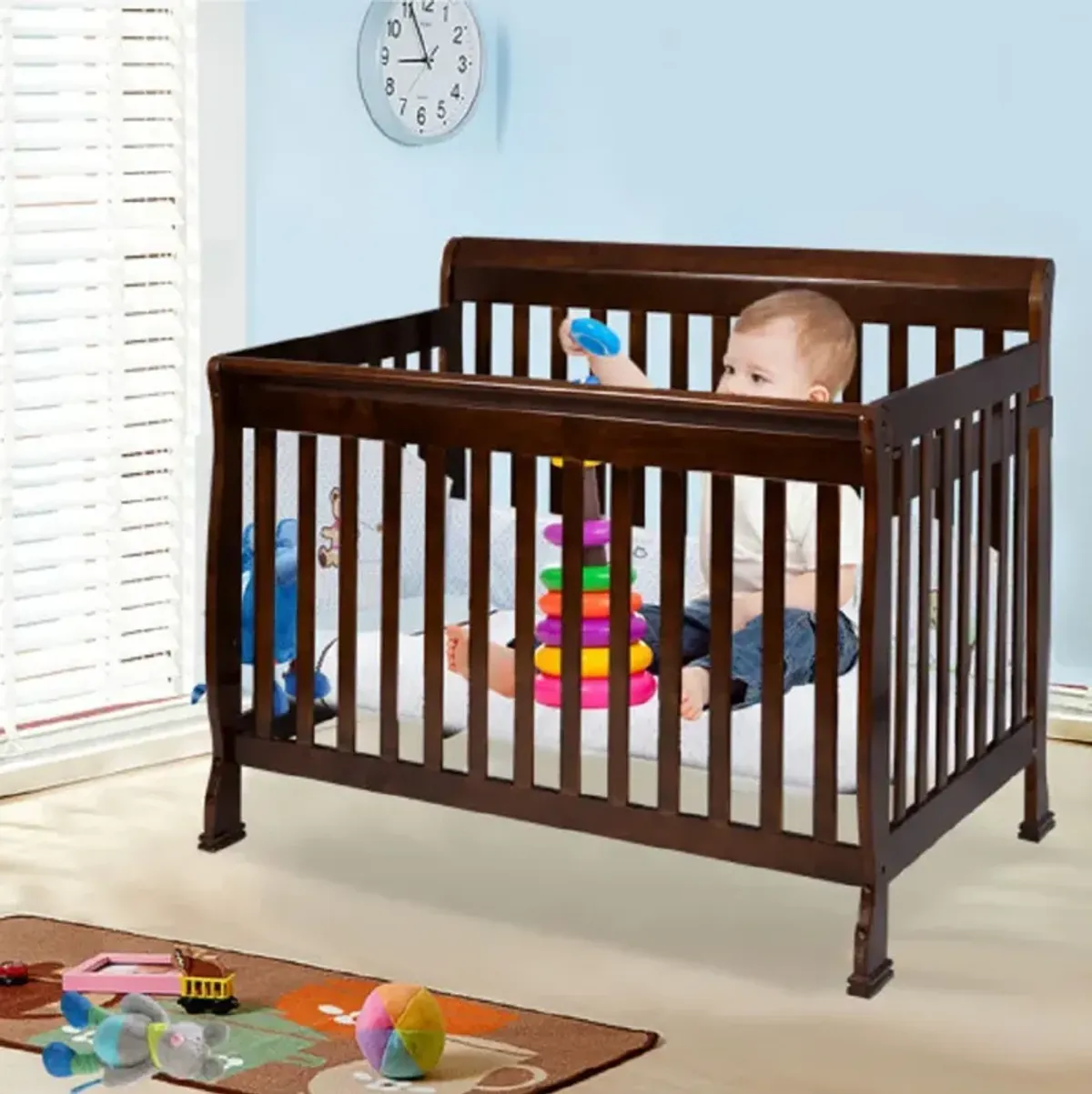 Coffee Pine Wood Baby Toddler Bed Convertible Crib