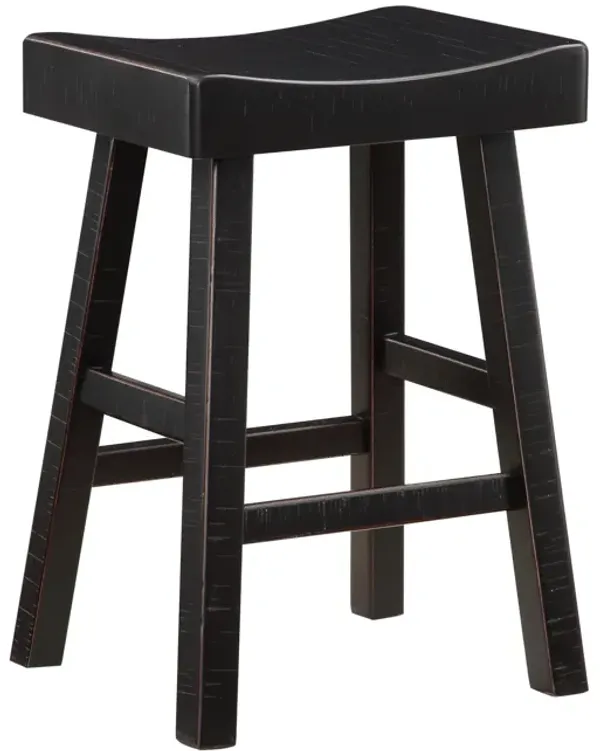 Casy 25 Inch Counter Height Stool, Saddle Seat, Black Rubberwood, Set of 2 - Benzara