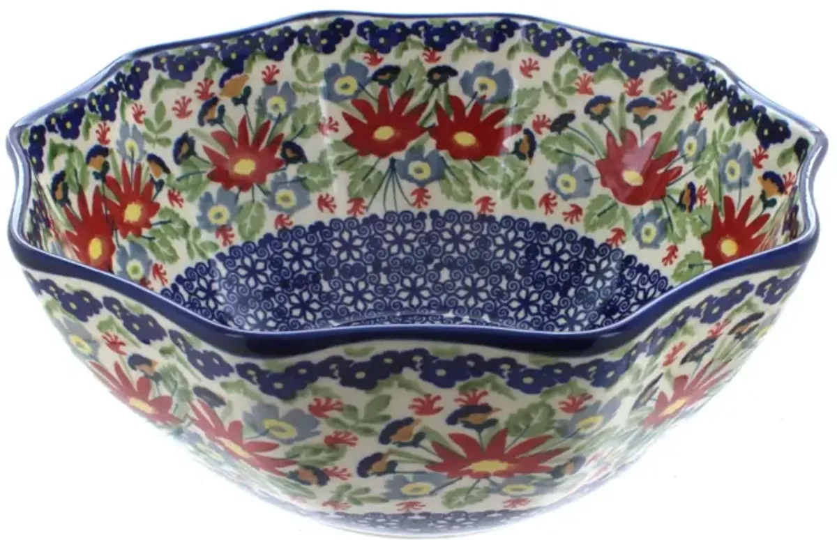 Blue Rose Polish Pottery Red Daisy Small Decagonal Serving Bowl