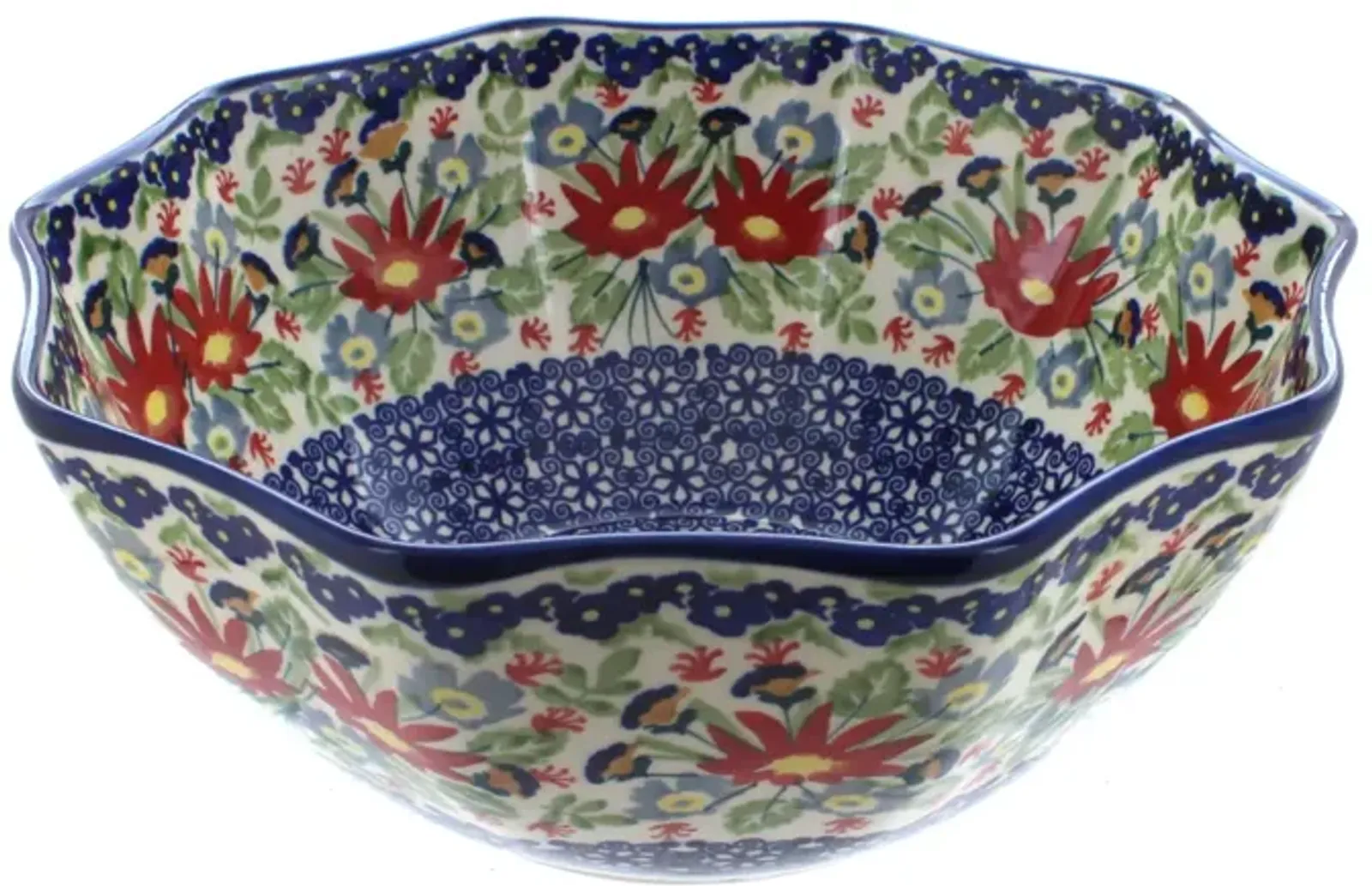 Blue Rose Polish Pottery Red Daisy Small Decagonal Serving Bowl