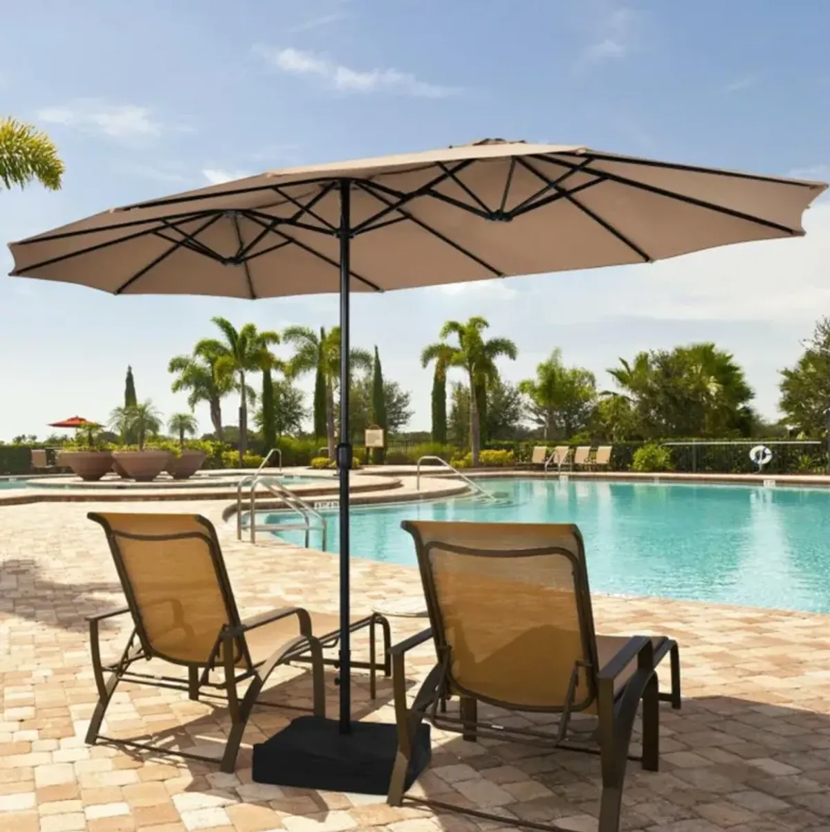 Hivvago 15 Feet Double-Sided Twin Patio Umbrella with Crank and Base