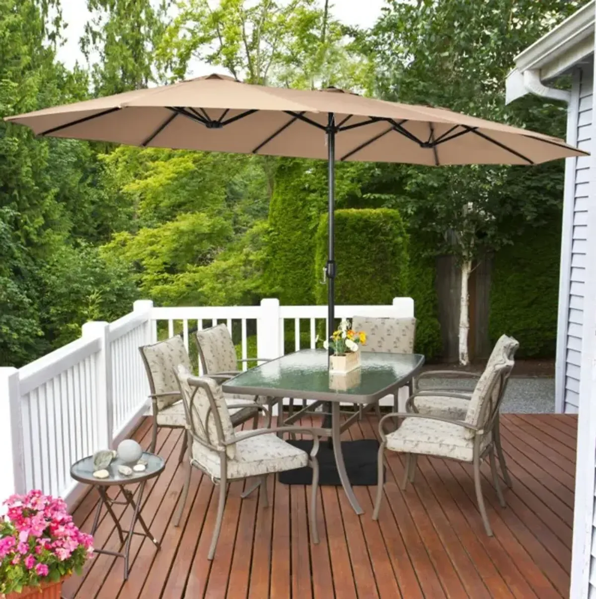 Hivvago 15 Feet Double-Sided Twin Patio Umbrella with Crank and Base