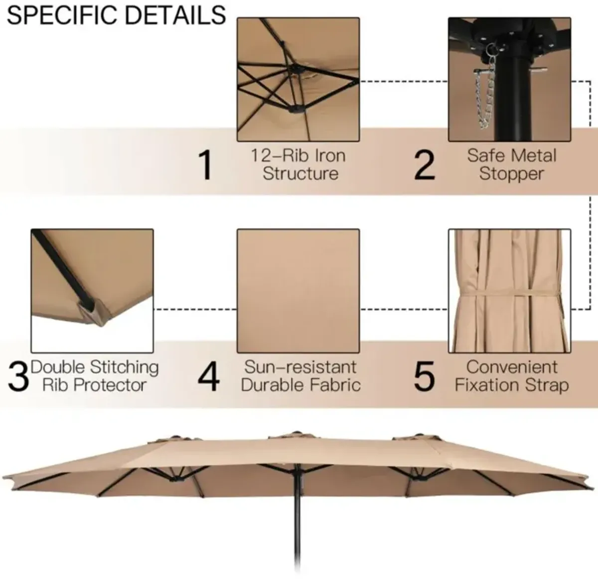 Hivvago 15 Feet Double-Sided Twin Patio Umbrella with Crank and Base