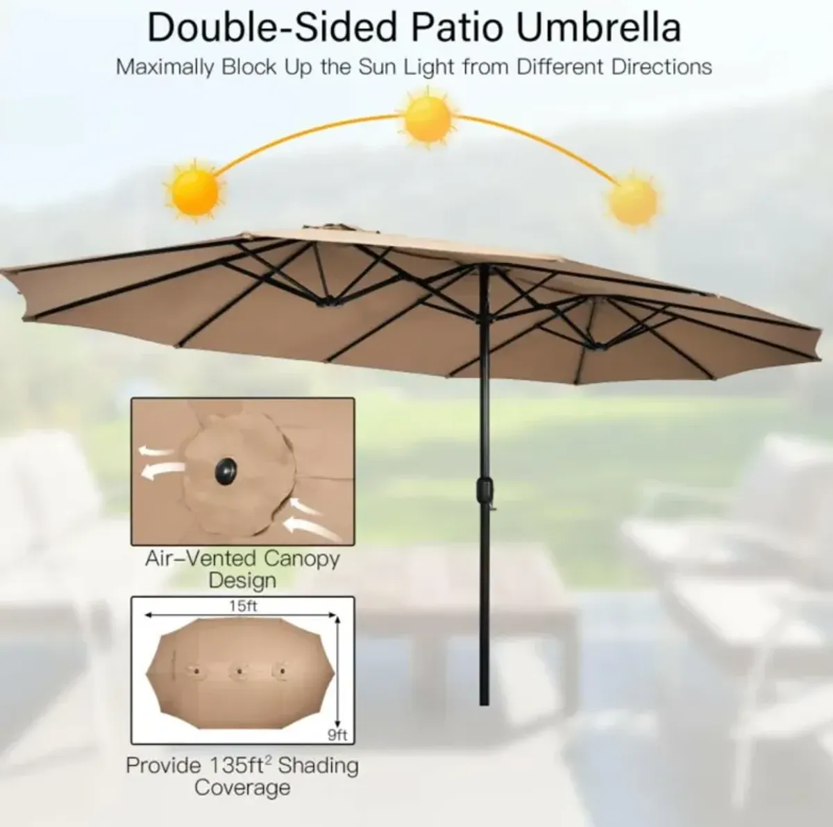 Hivvago 15 Feet Double-Sided Twin Patio Umbrella with Crank and Base