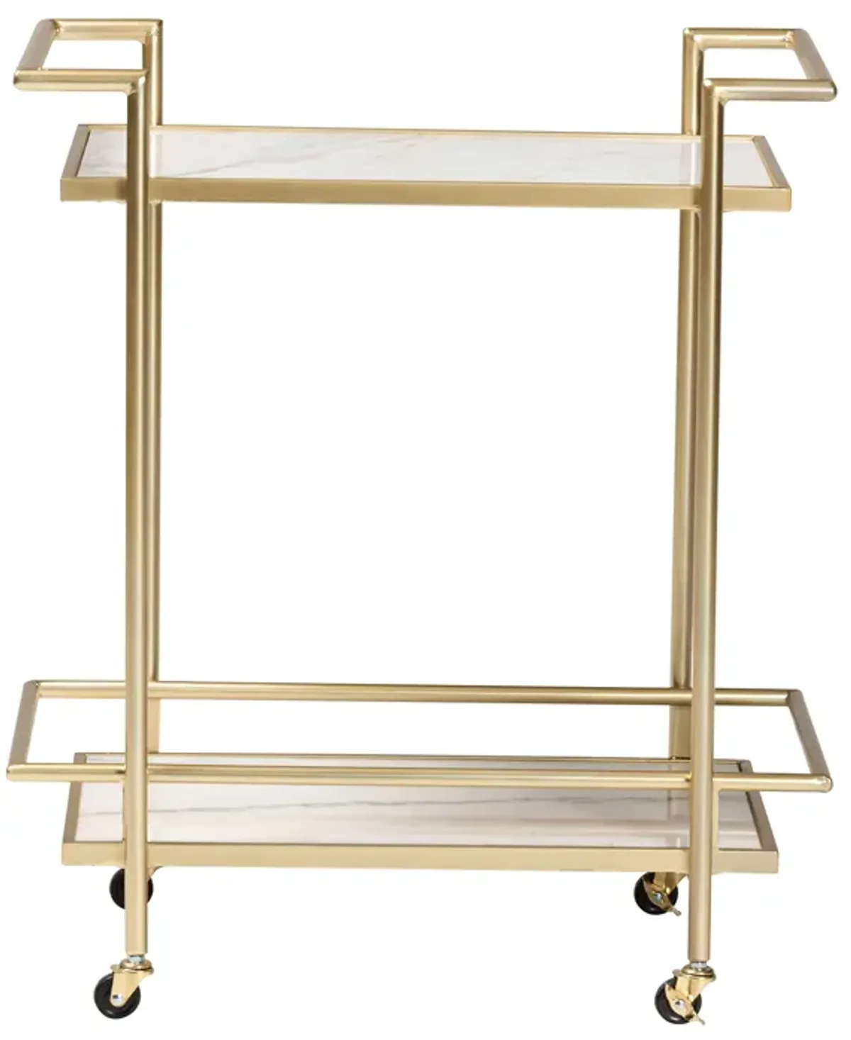 Baxton Studio Louise Contemporary Glam and Luxe Gold Metal and White Marble 2 Tier Wine Cart