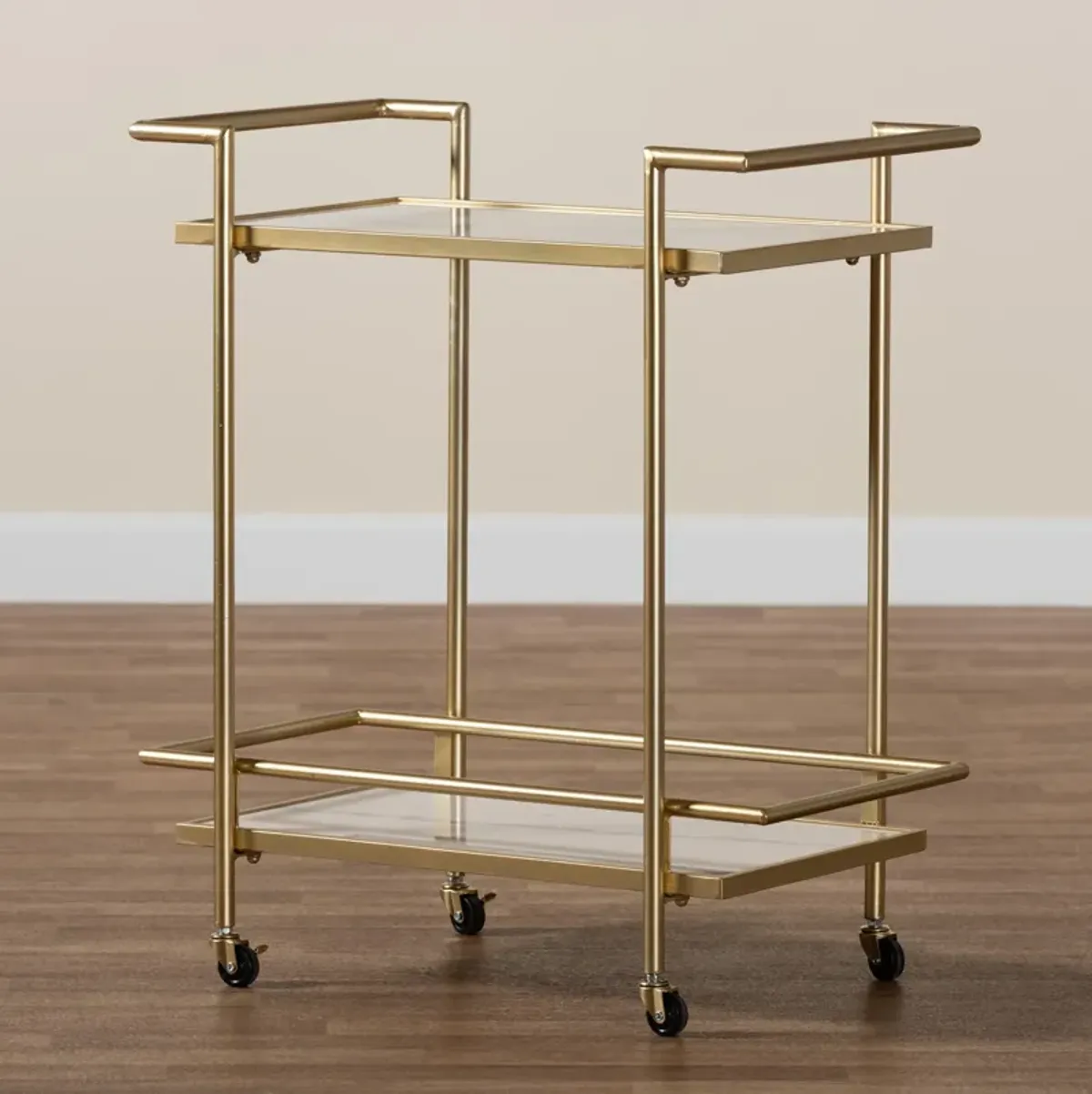 Baxton Studio Louise Contemporary Glam and Luxe Gold Metal and White Marble 2 Tier Wine Cart