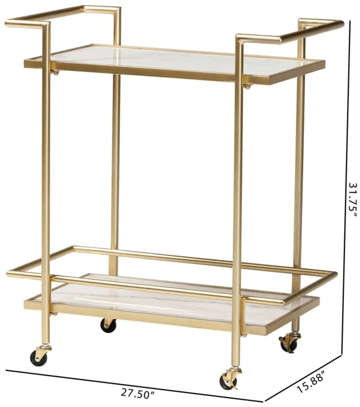 Baxton Studio Louise Contemporary Glam and Luxe Gold Metal and White Marble 2 Tier Wine Cart