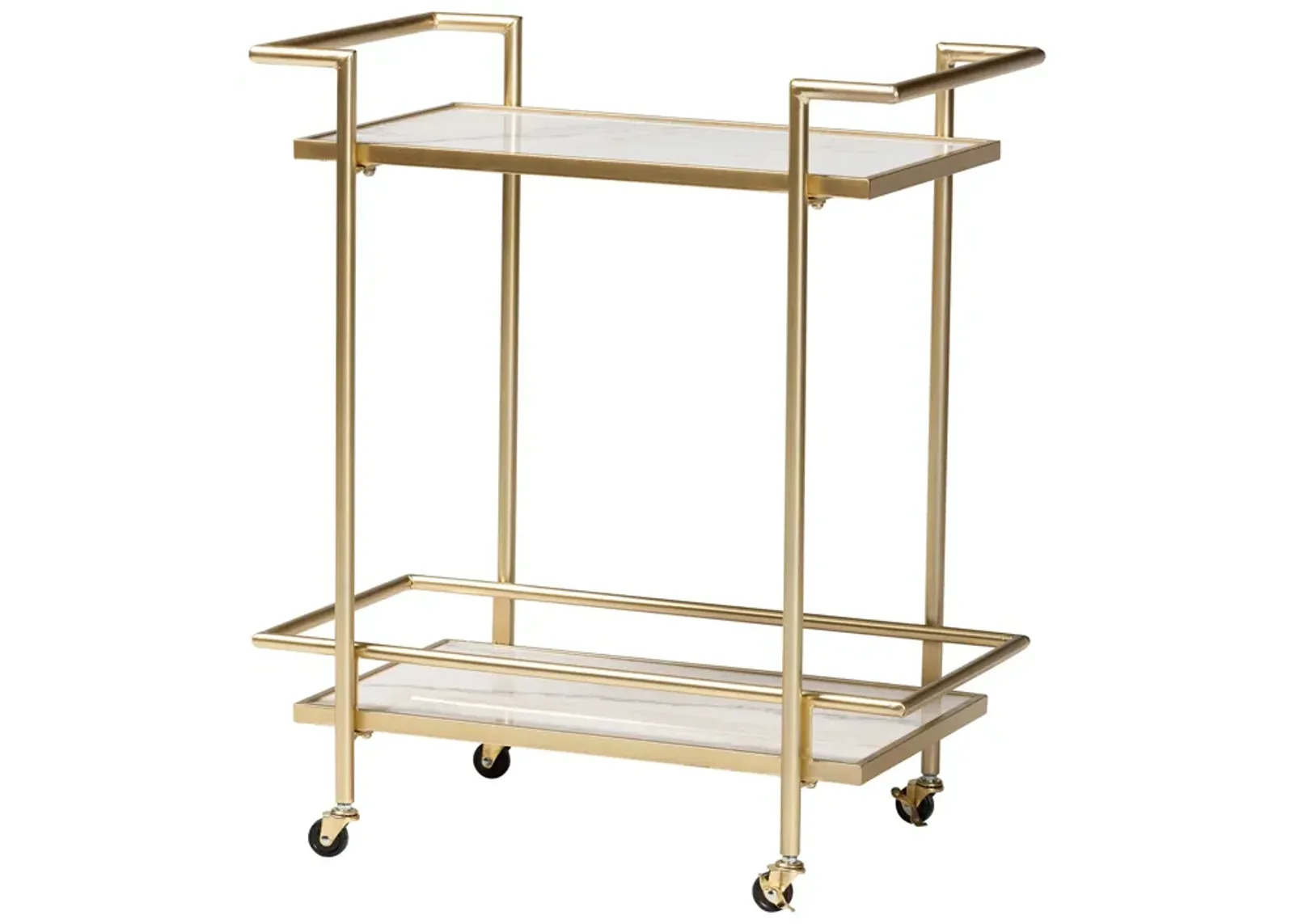 Baxton Studio Louise Contemporary Glam and Luxe Gold Metal and White Marble 2 Tier Wine Cart