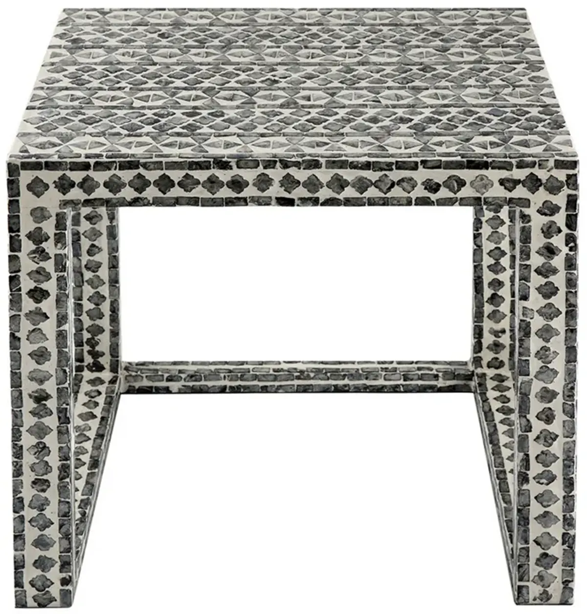 Set of 2 Nesting Side End Tables, Capiz Inlaid Design, Gray and White - Benzara