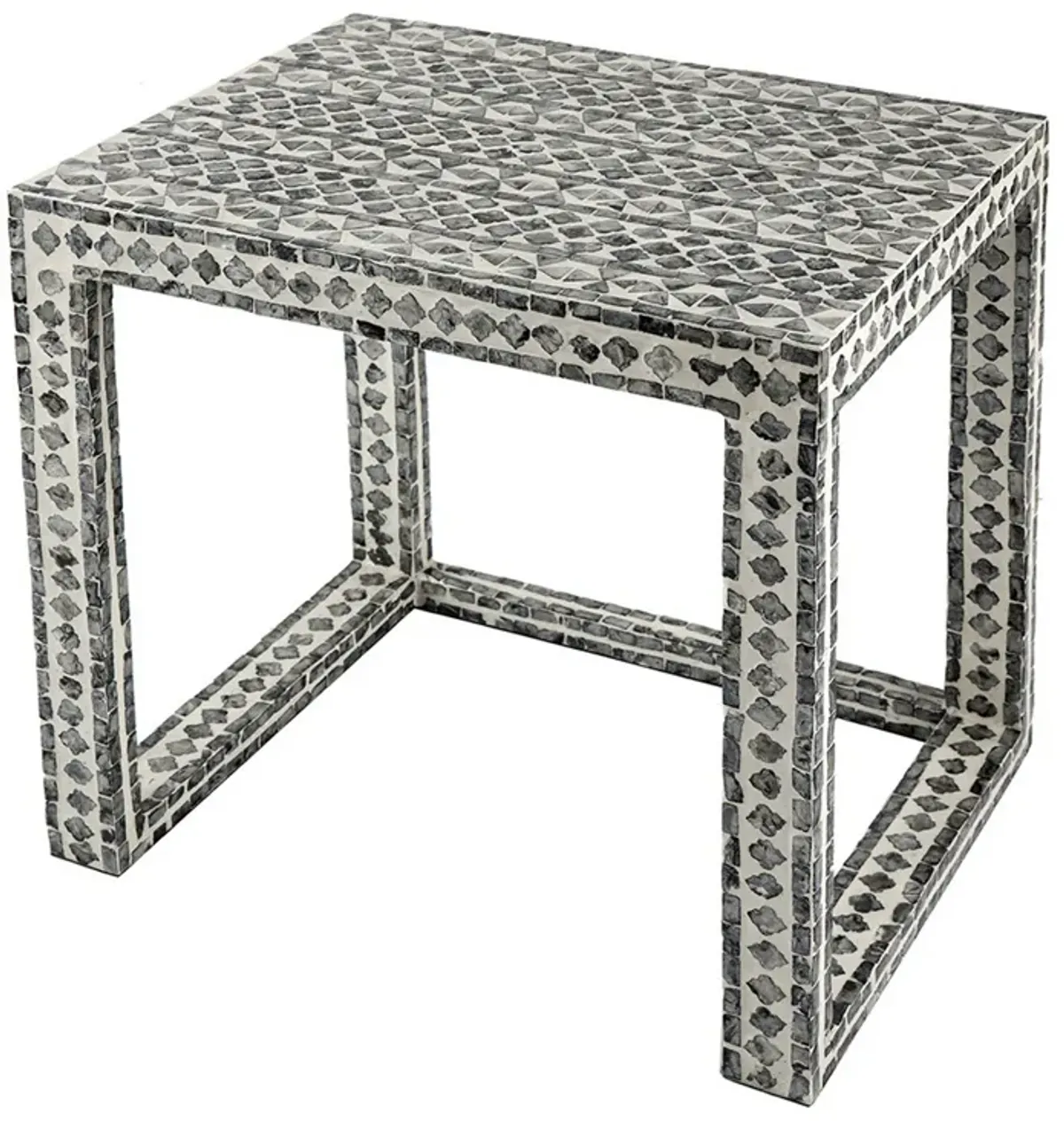 Set of 2 Nesting Side End Tables, Capiz Inlaid Design, Gray and White - Benzara