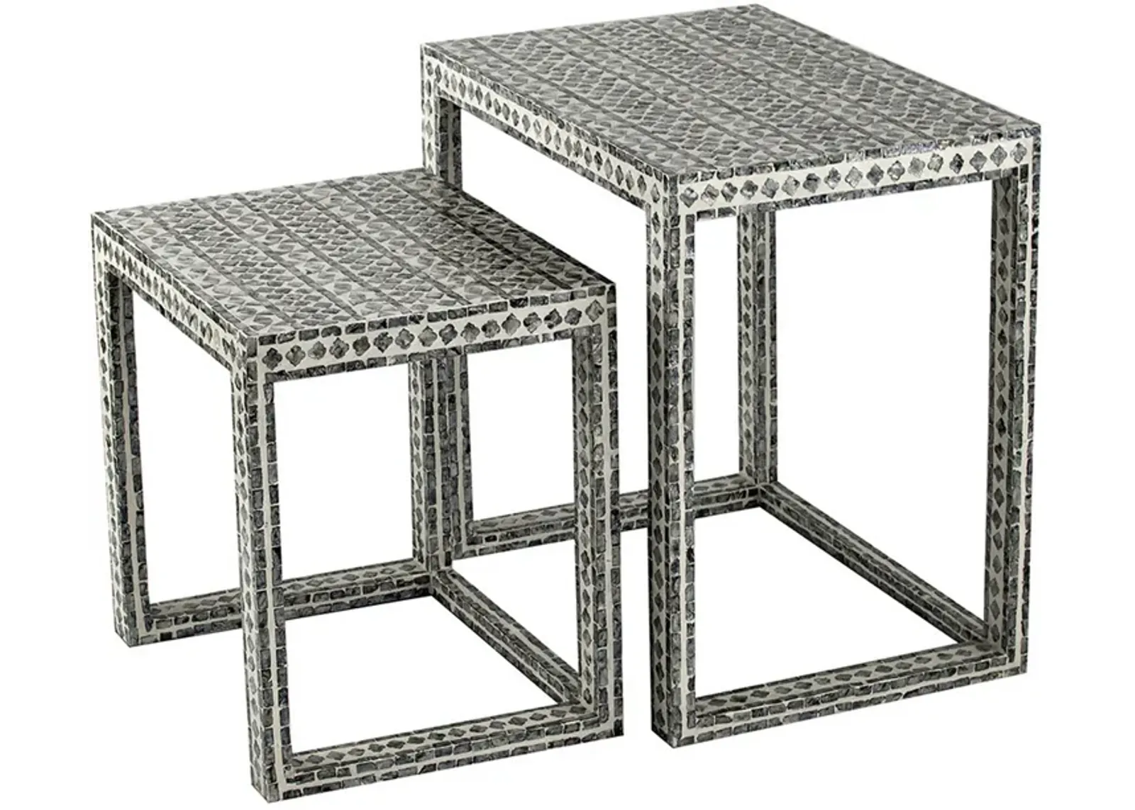 Set of 2 Nesting Side End Tables, Capiz Inlaid Design, Gray and White - Benzara