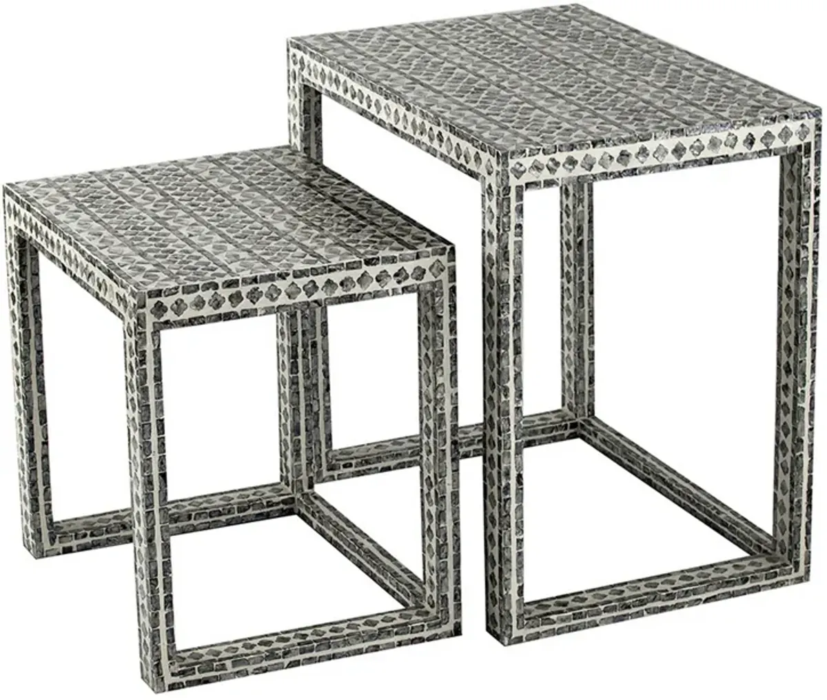 Set of 2 Nesting Side End Tables, Capiz Inlaid Design, Gray and White - Benzara