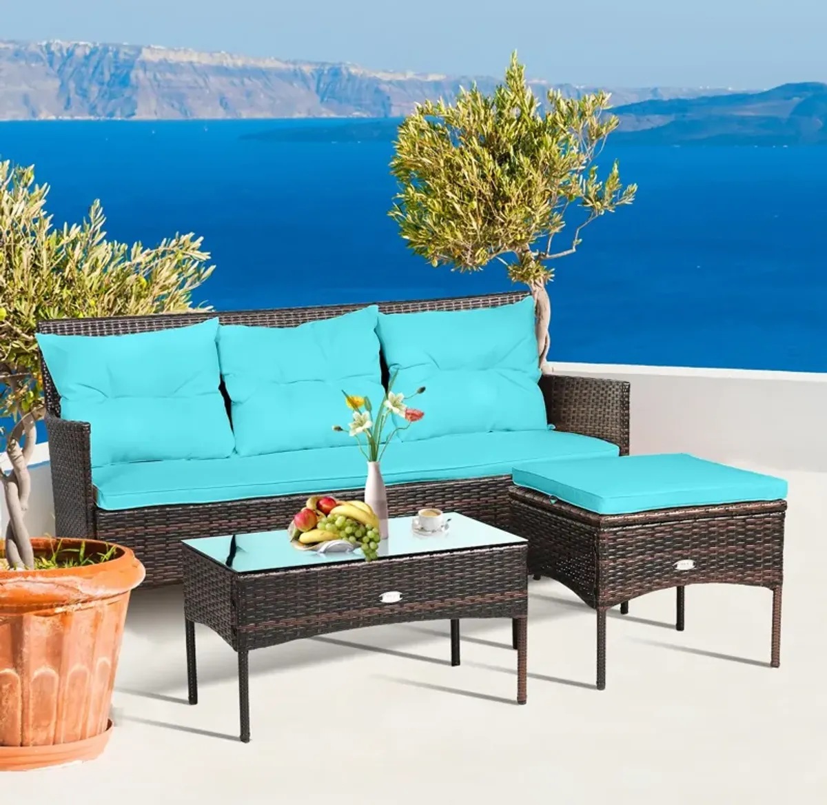 3 Pieces Patio Furniture Sectional Set with 5 Cozy Cushions