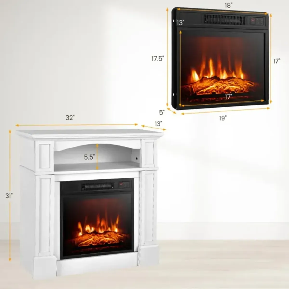 Hivvago 18 Inch 1400W Electric TV Stand Fireplace with Shelf